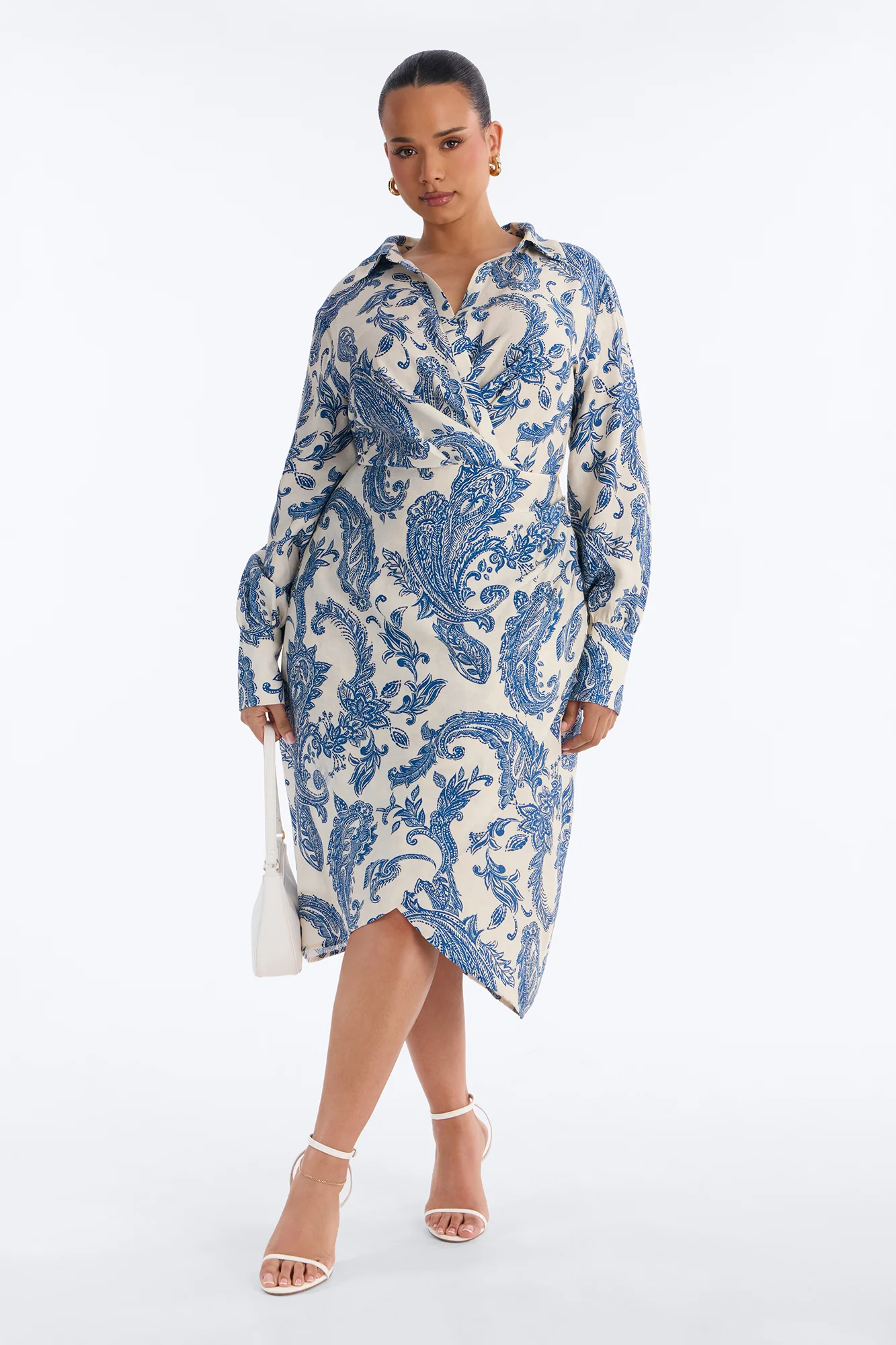 Maxine Printed Shirt Midi Dress - White/Blue - Image 5