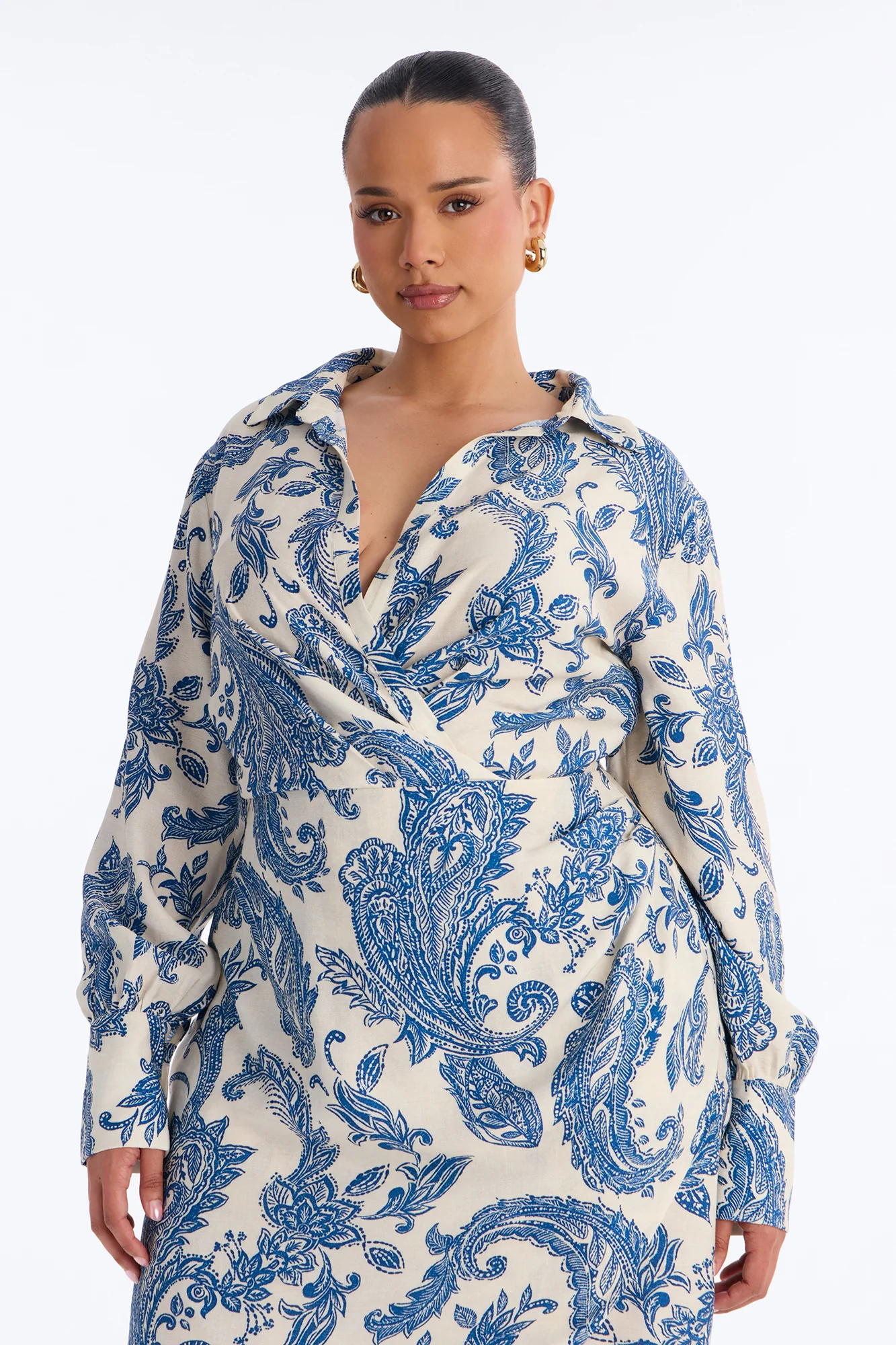 Maxine Printed Shirt Midi Dress - White/Blue - Image 6