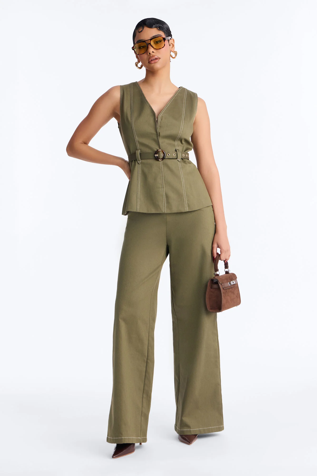 Maya Belted Vest Pant Set - Dark Olive