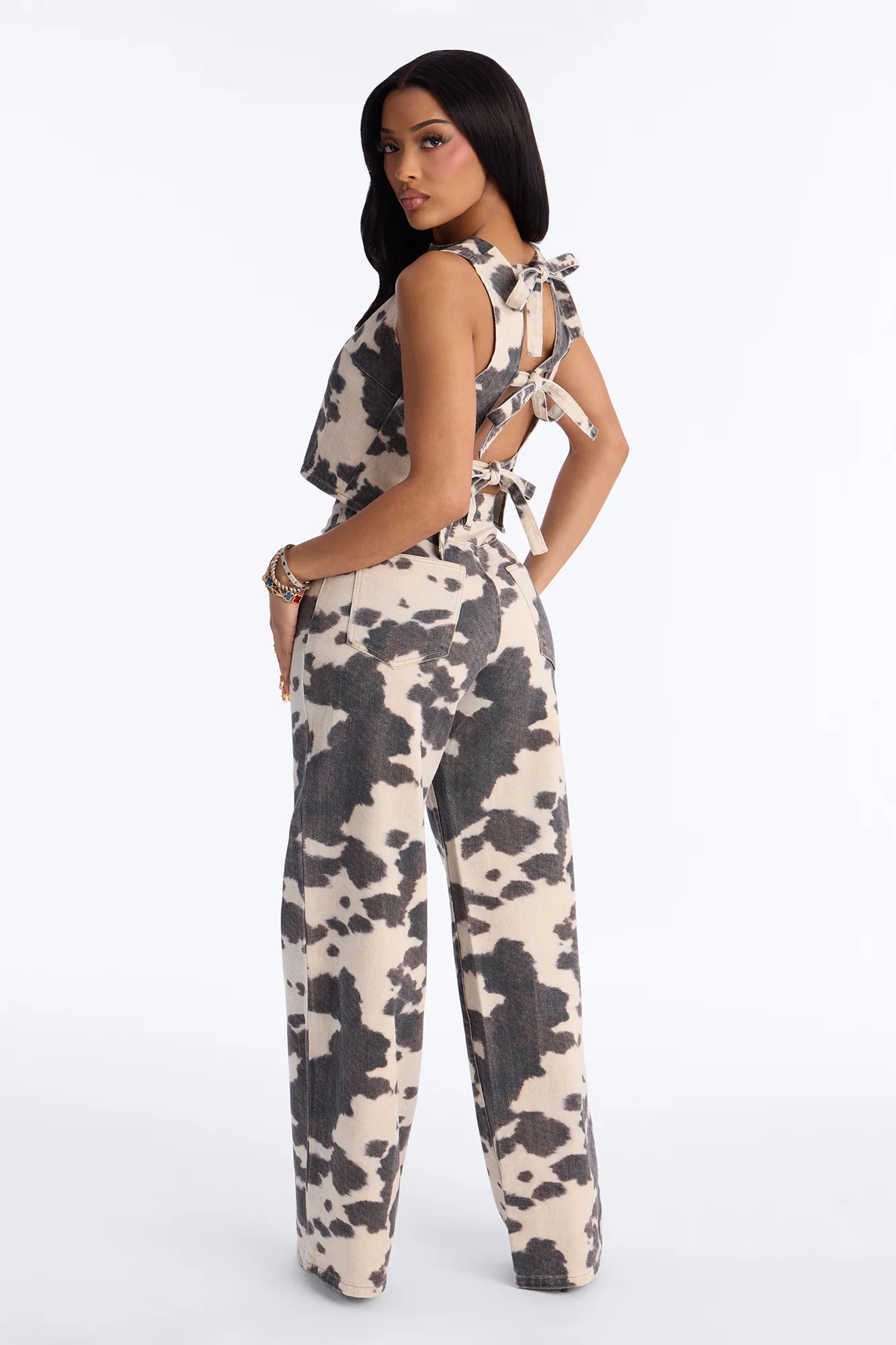 Maya Cow Print Denim Pant Set - Brown/combo - Image 3