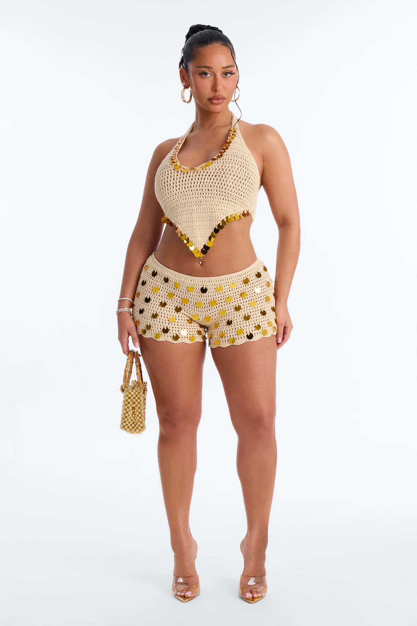 Meadow Crochet 2 Piece Embellished Halter Swim Cover Up & Short Set - Cream