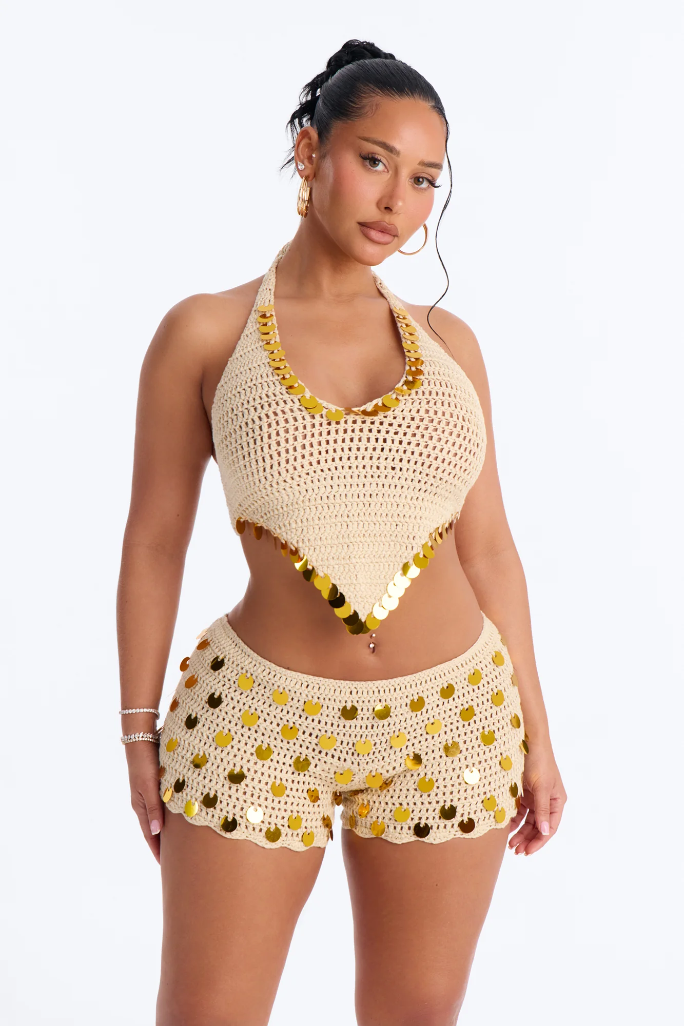 Meadow Crochet 2 Piece Embellished Halter Swim Cover Up & Short Set - Cream - Image 2