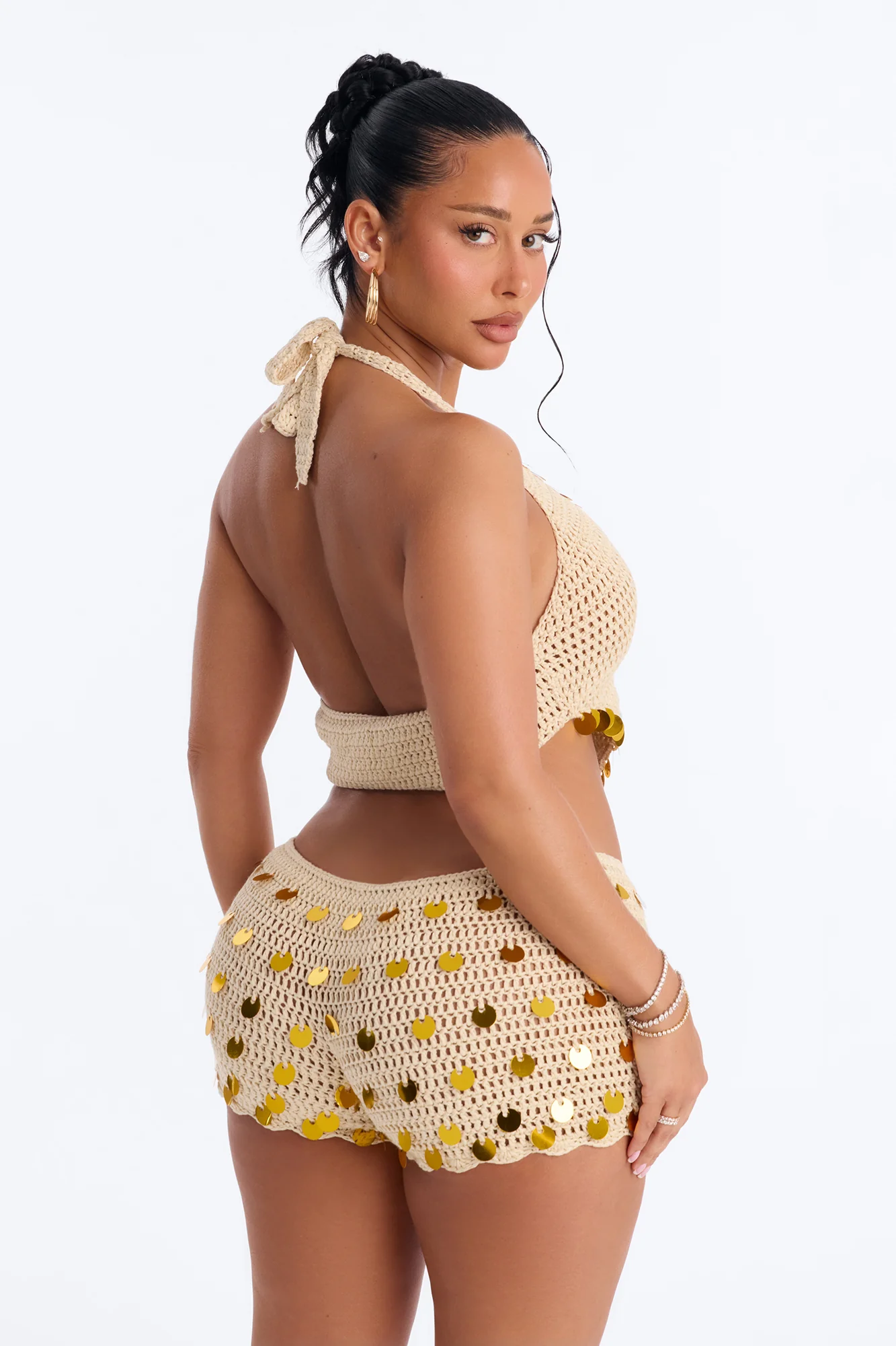 Meadow Crochet 2 Piece Embellished Halter Swim Cover Up & Short Set - Cream - Image 4