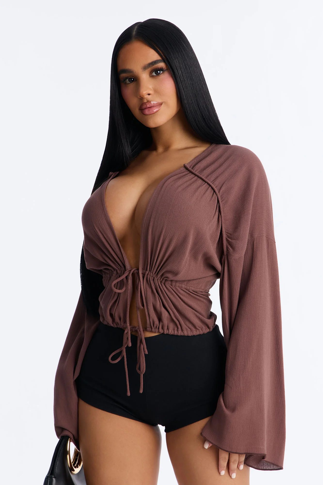 Megan Flyaway Tie Front Long Sleeve Top - Chocolate