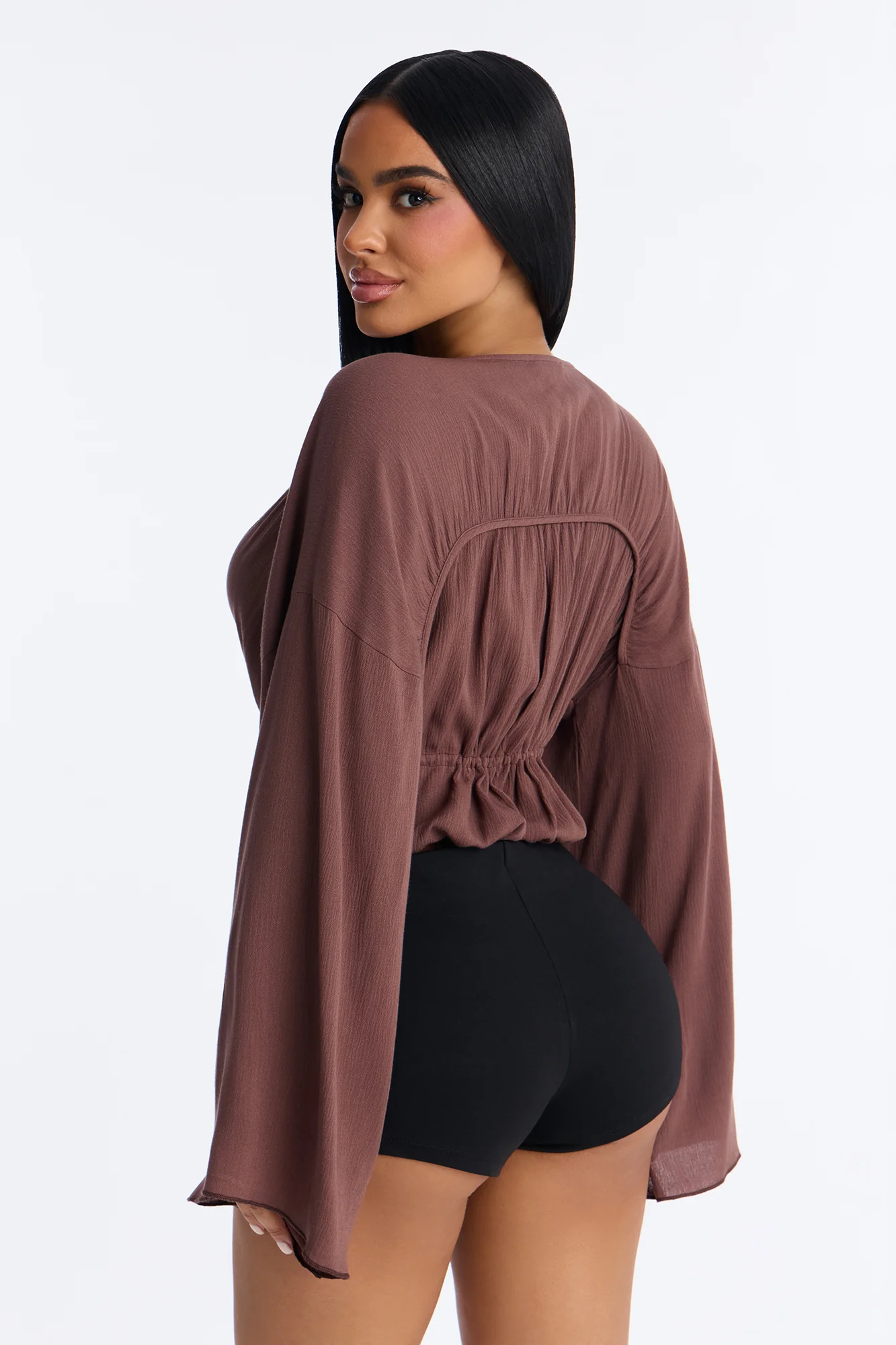 Megan Flyaway Tie Front Long Sleeve Top - Chocolate - Image 3