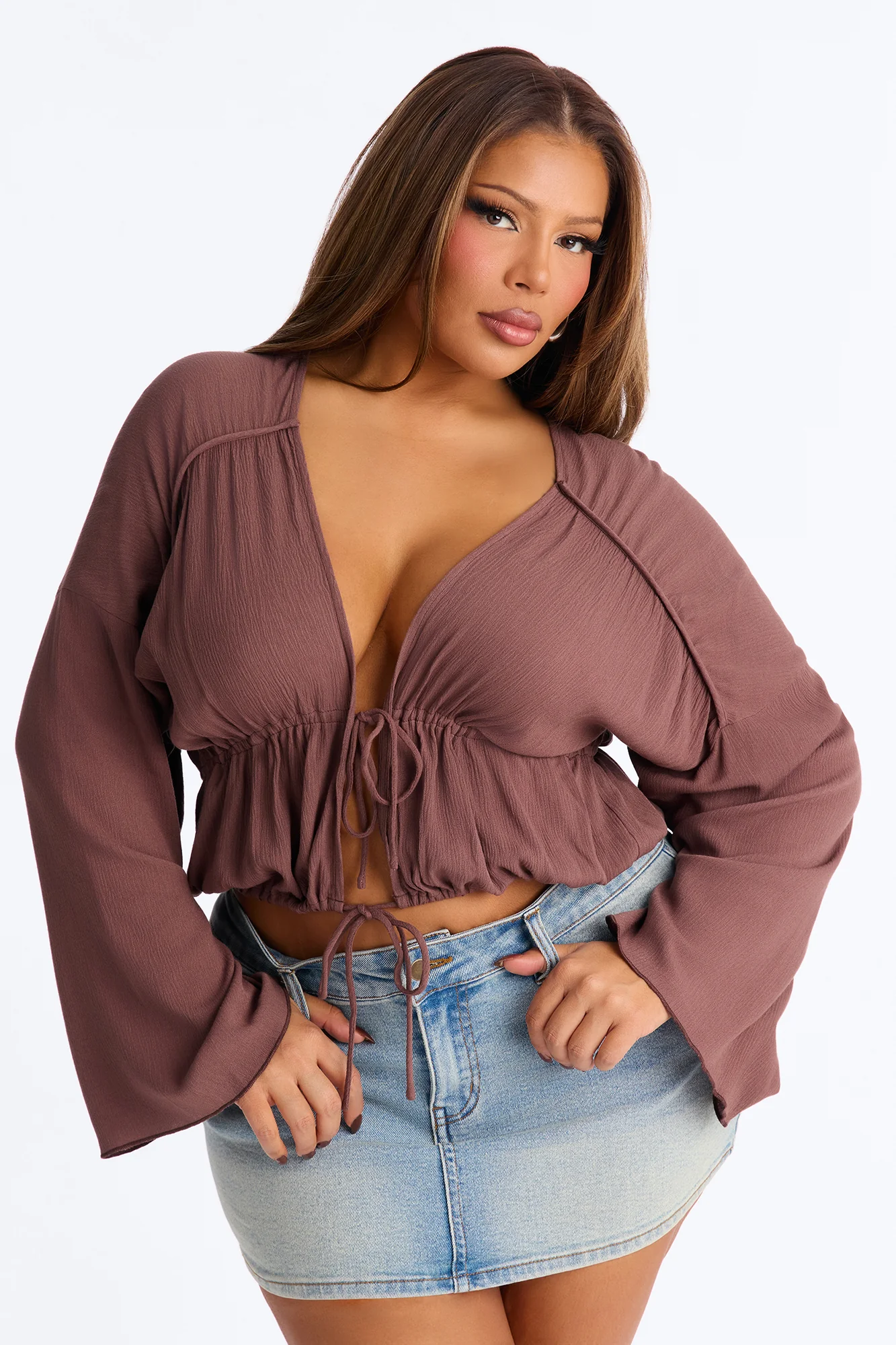 Megan Flyaway Tie Front Long Sleeve Top - Chocolate - Image 4