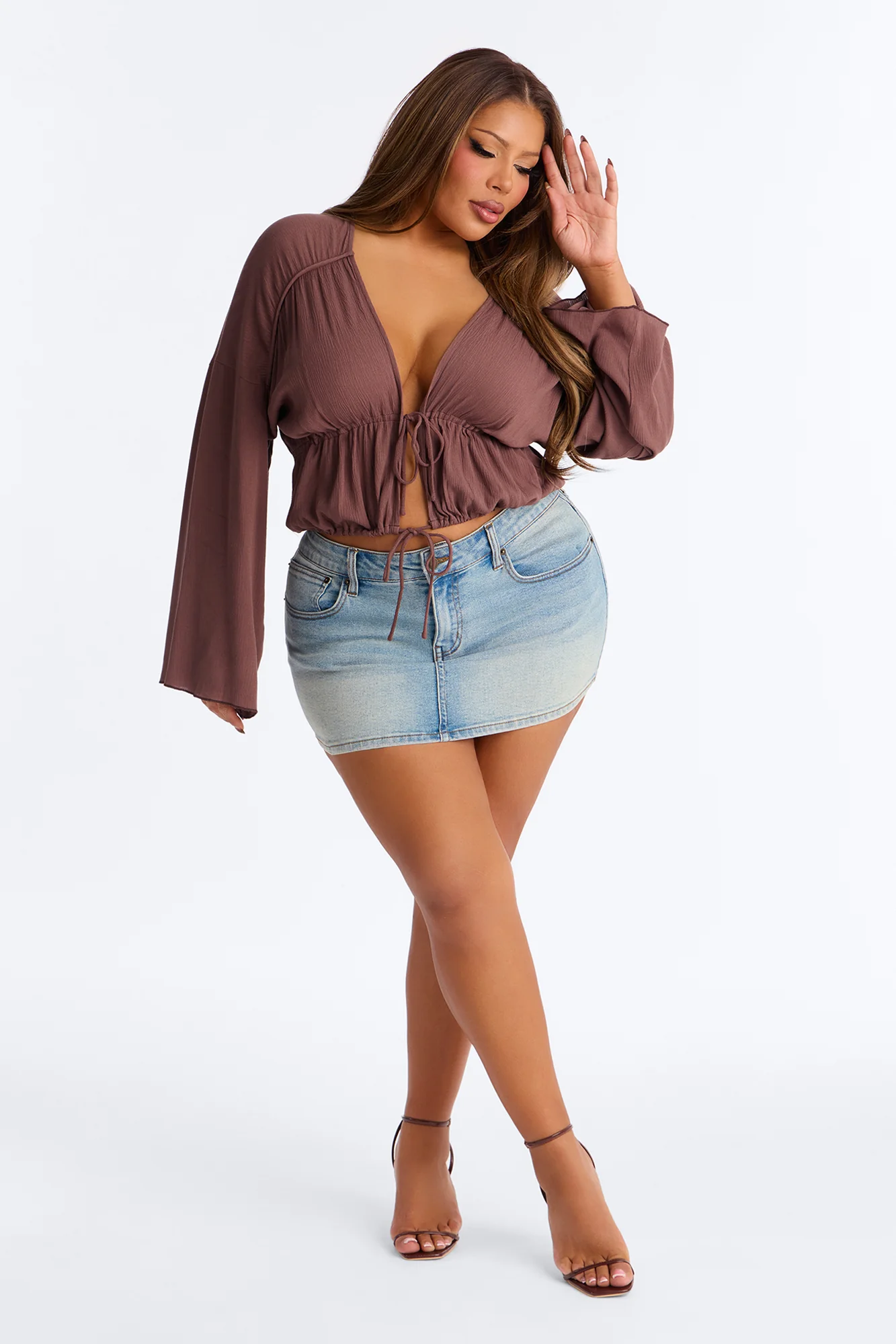 Megan Flyaway Tie Front Long Sleeve Top - Chocolate - Image 5