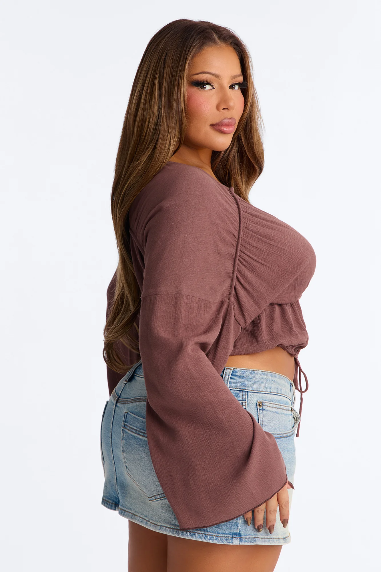 Megan Flyaway Tie Front Long Sleeve Top - Chocolate - Image 6