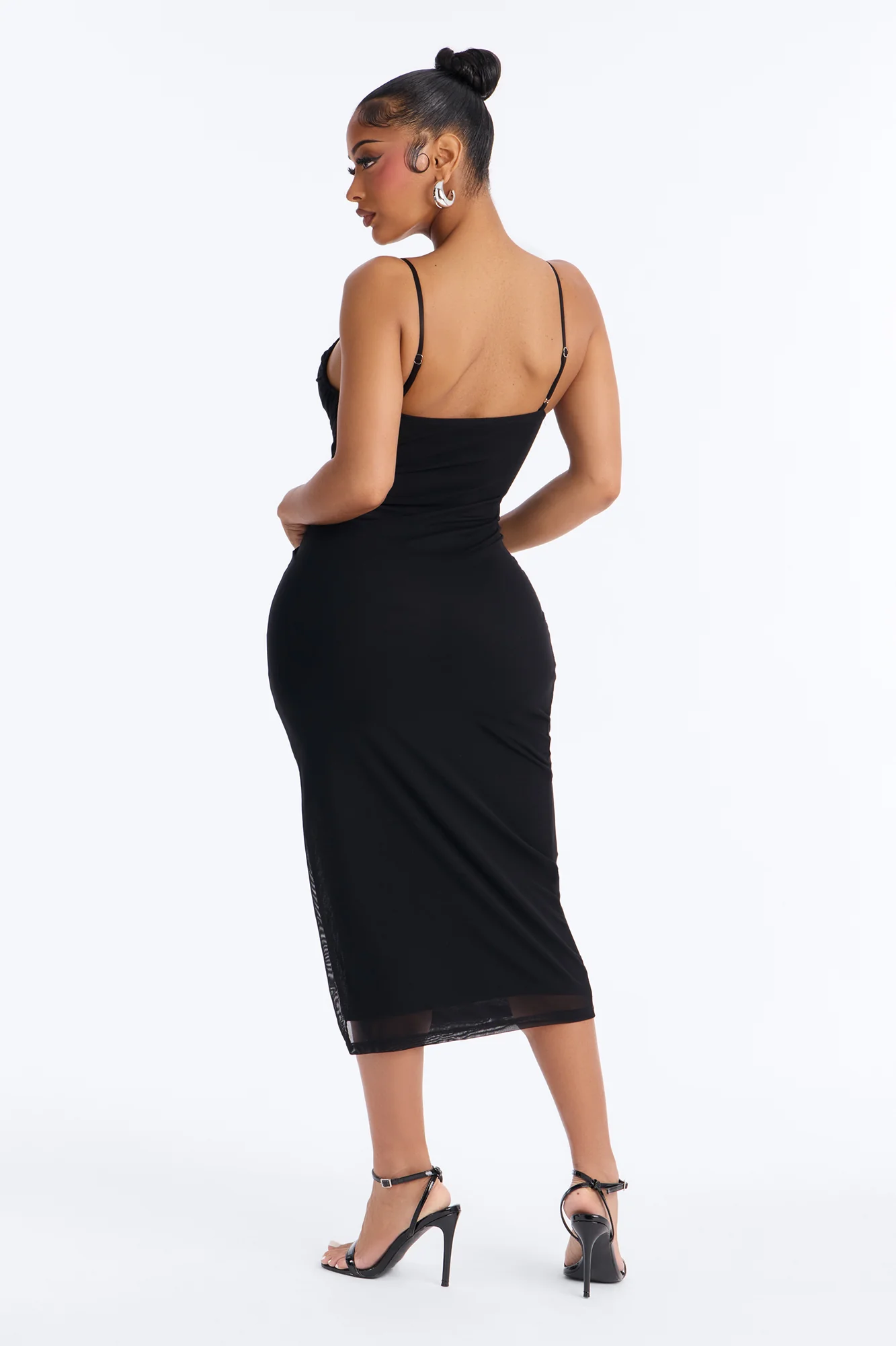 Megan Ruched Mesh Midi Dress - Black - Image 4