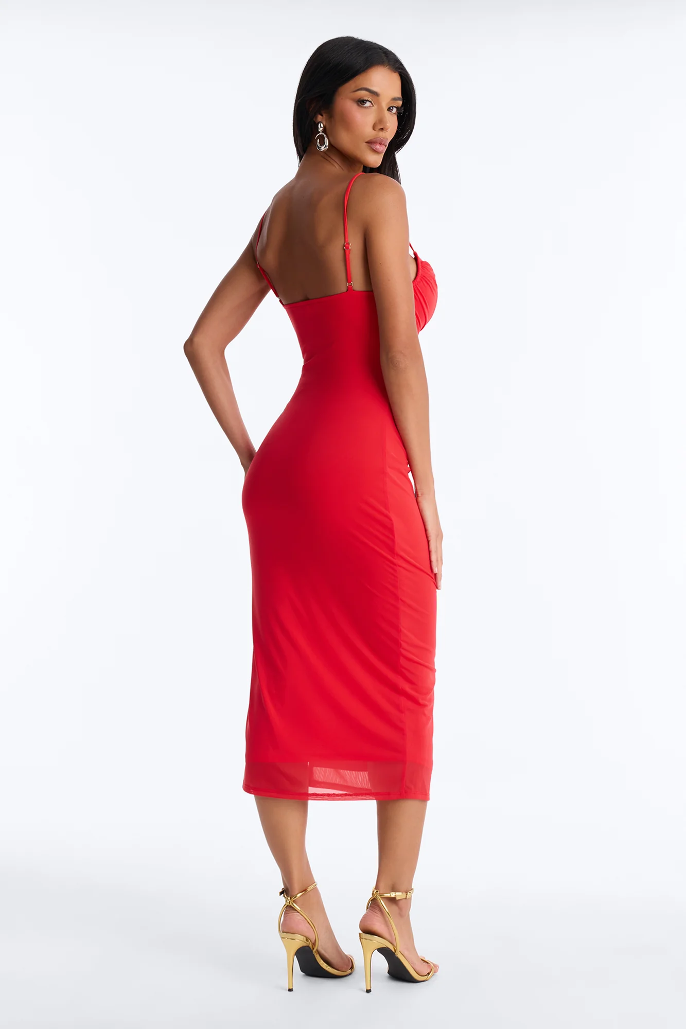 Megan Ruched Mesh Midi Dress - Red - Image 4