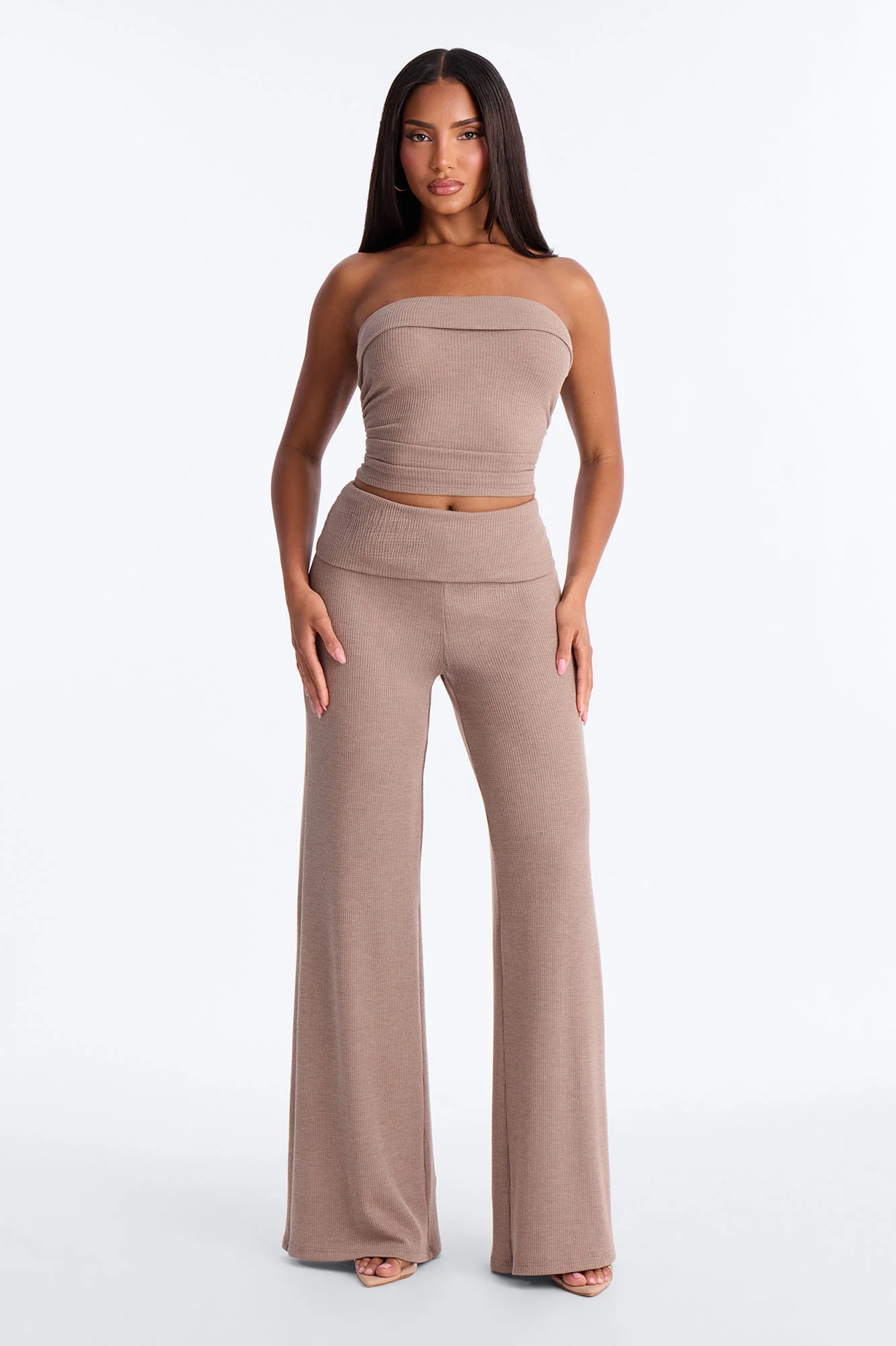 Megan Waffle Knit Foldover Waist Pant Set - Mocha