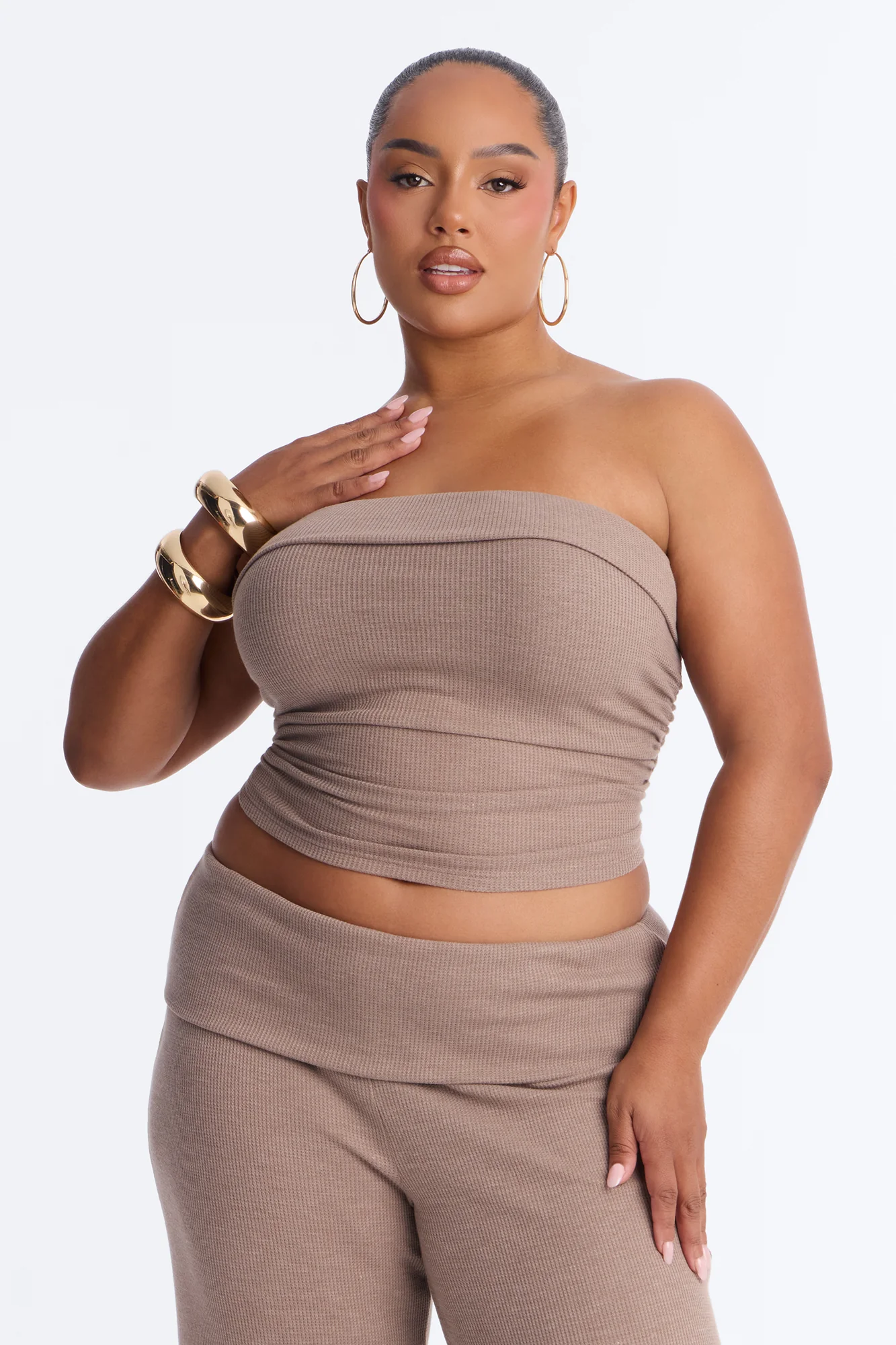 Megan Waffle Knit Foldover Waist Pant Set - Mocha - Image 6