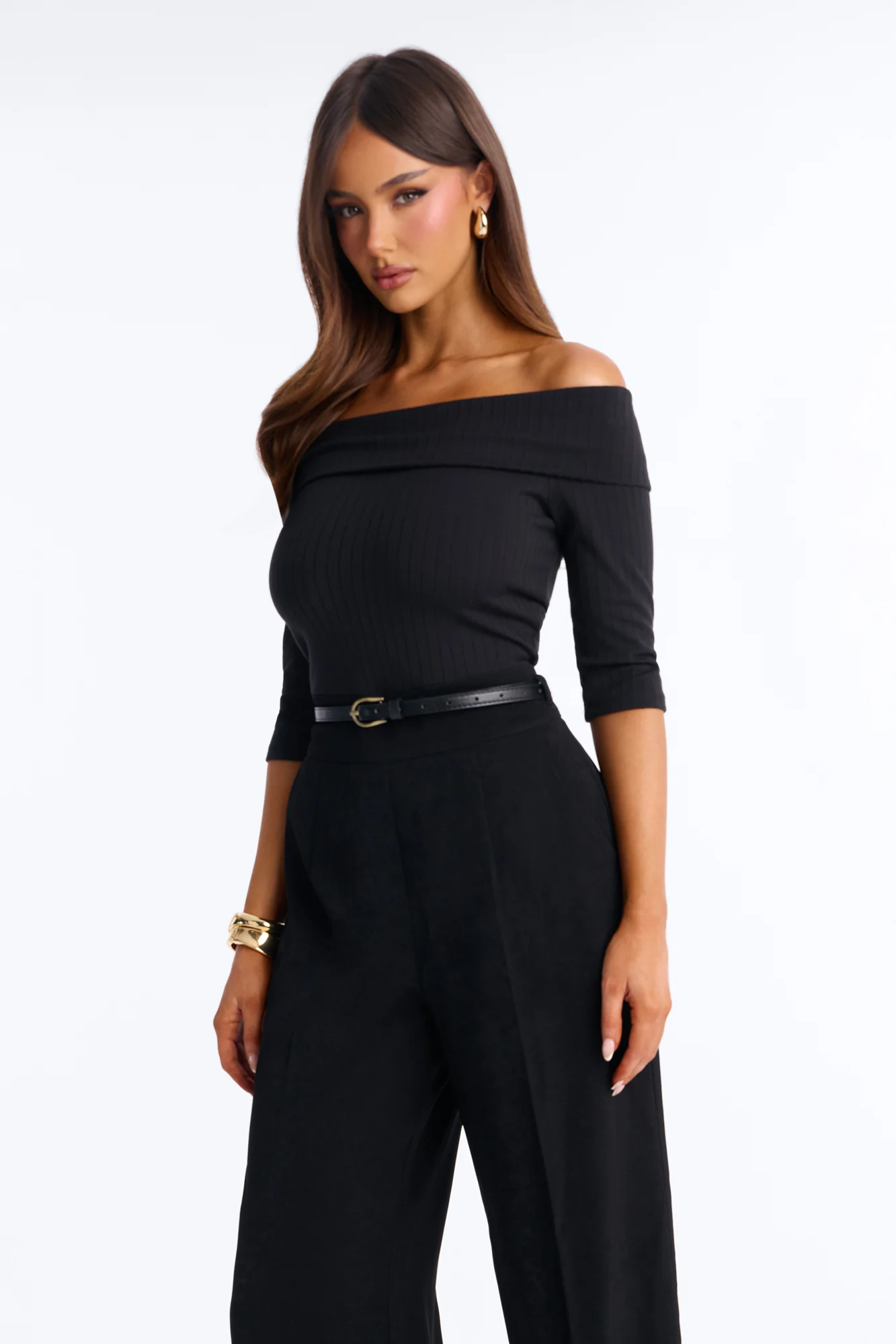 Melanie Belted Off Shoulder Jumpsuit - Black - Image 3