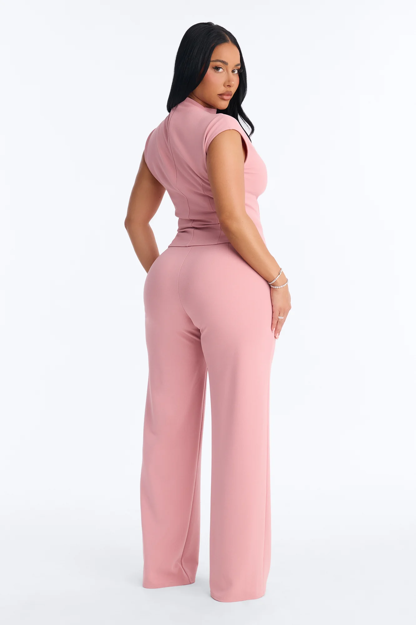 Melanie High Neck Trouser Pant Set - Pink - Image 3