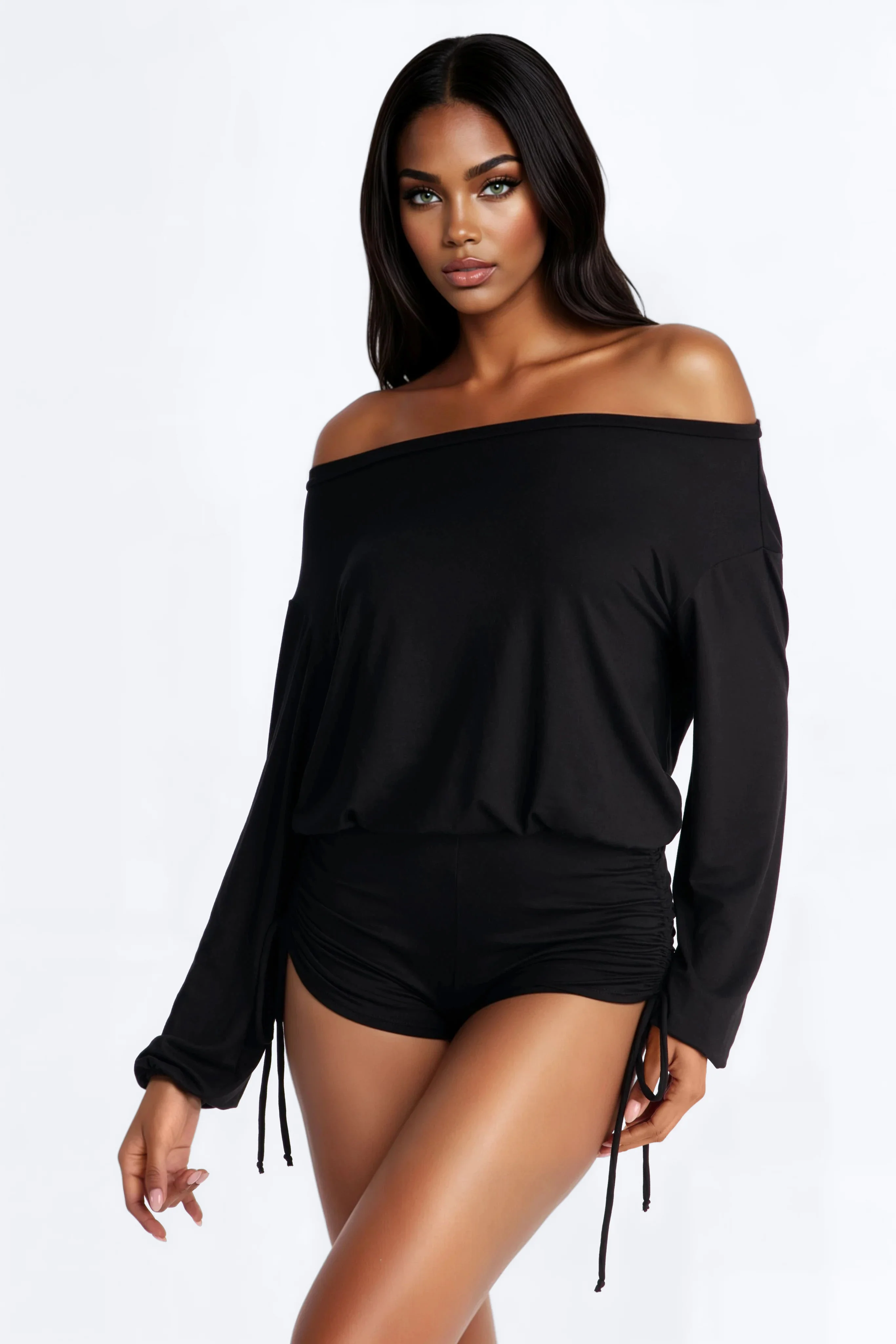 Melanie Ruched Off Shoulder Romper - Black