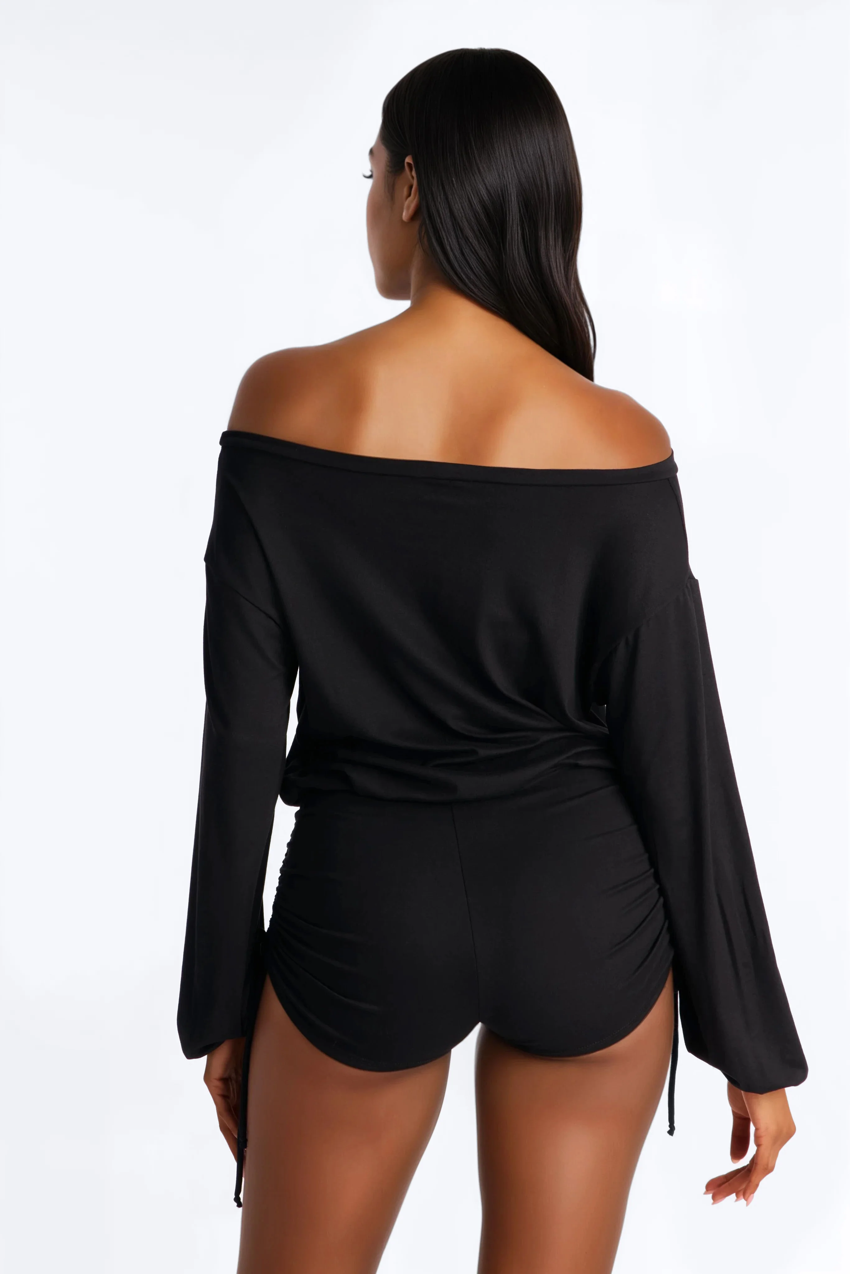 Melanie Ruched Off Shoulder Romper - Black - Image 5