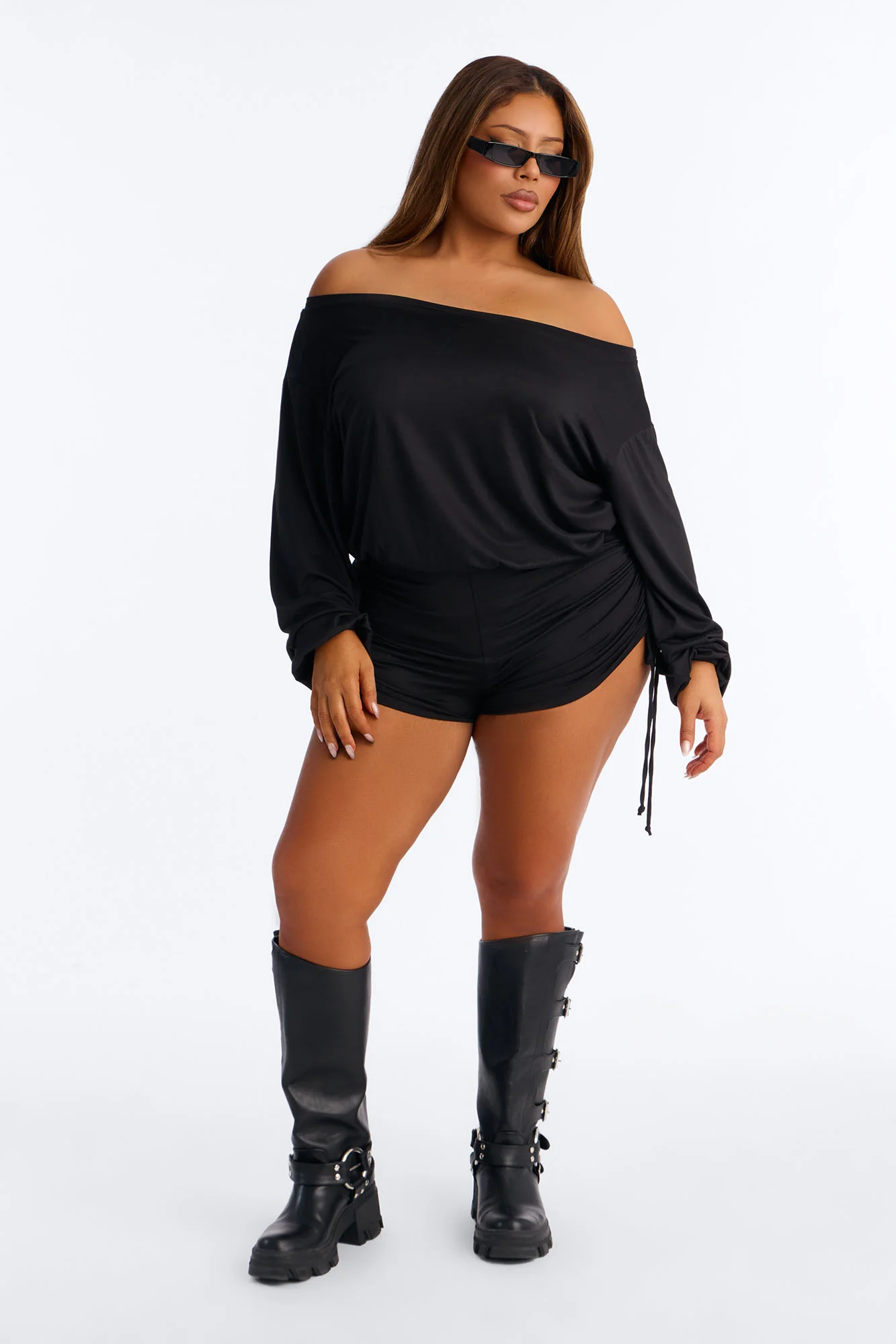 Melanie Ruched Off Shoulder Romper - Black - Image 7