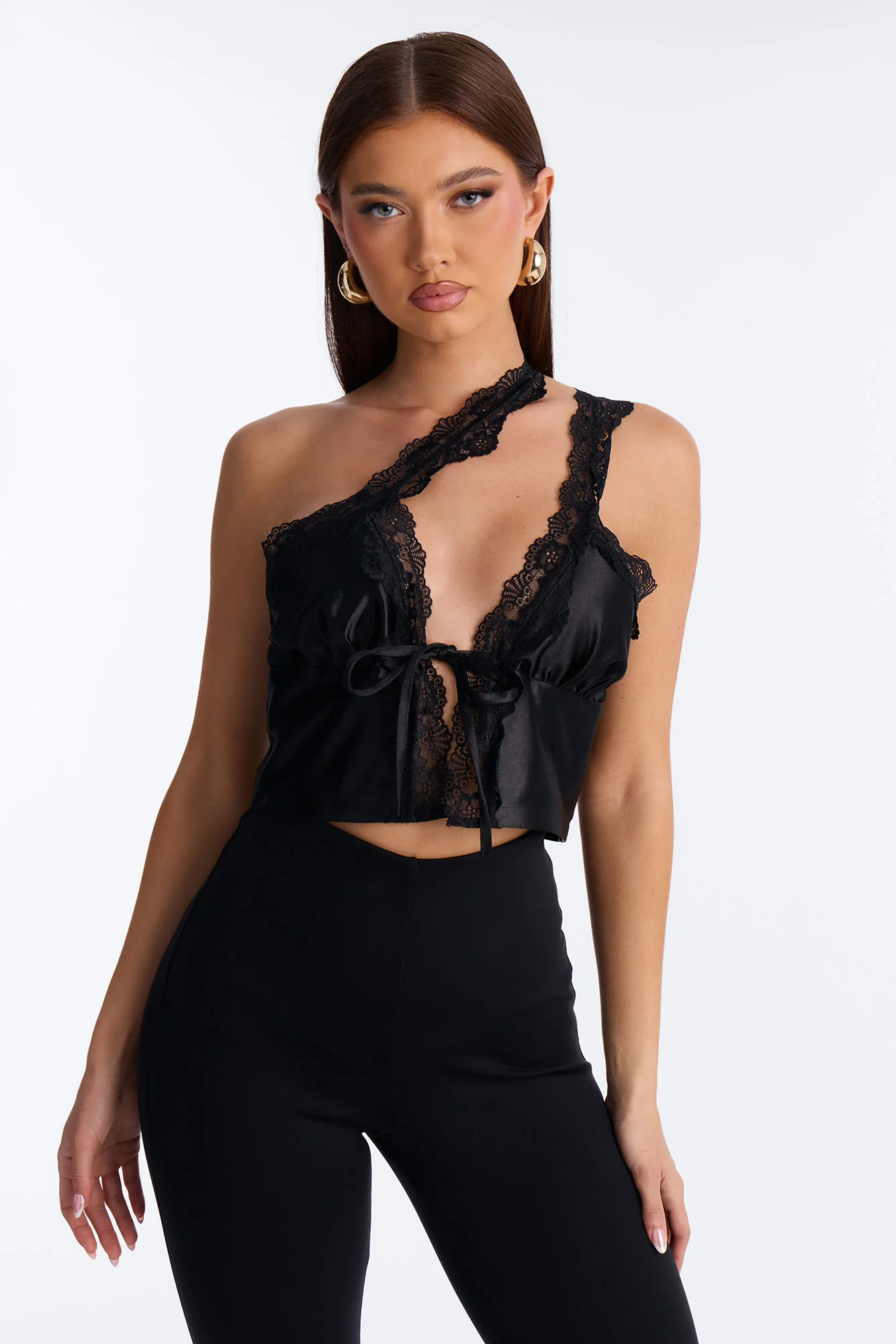 Melanie Satin Lace Trim One Shoulder Flyaway Top - Black - Image 2