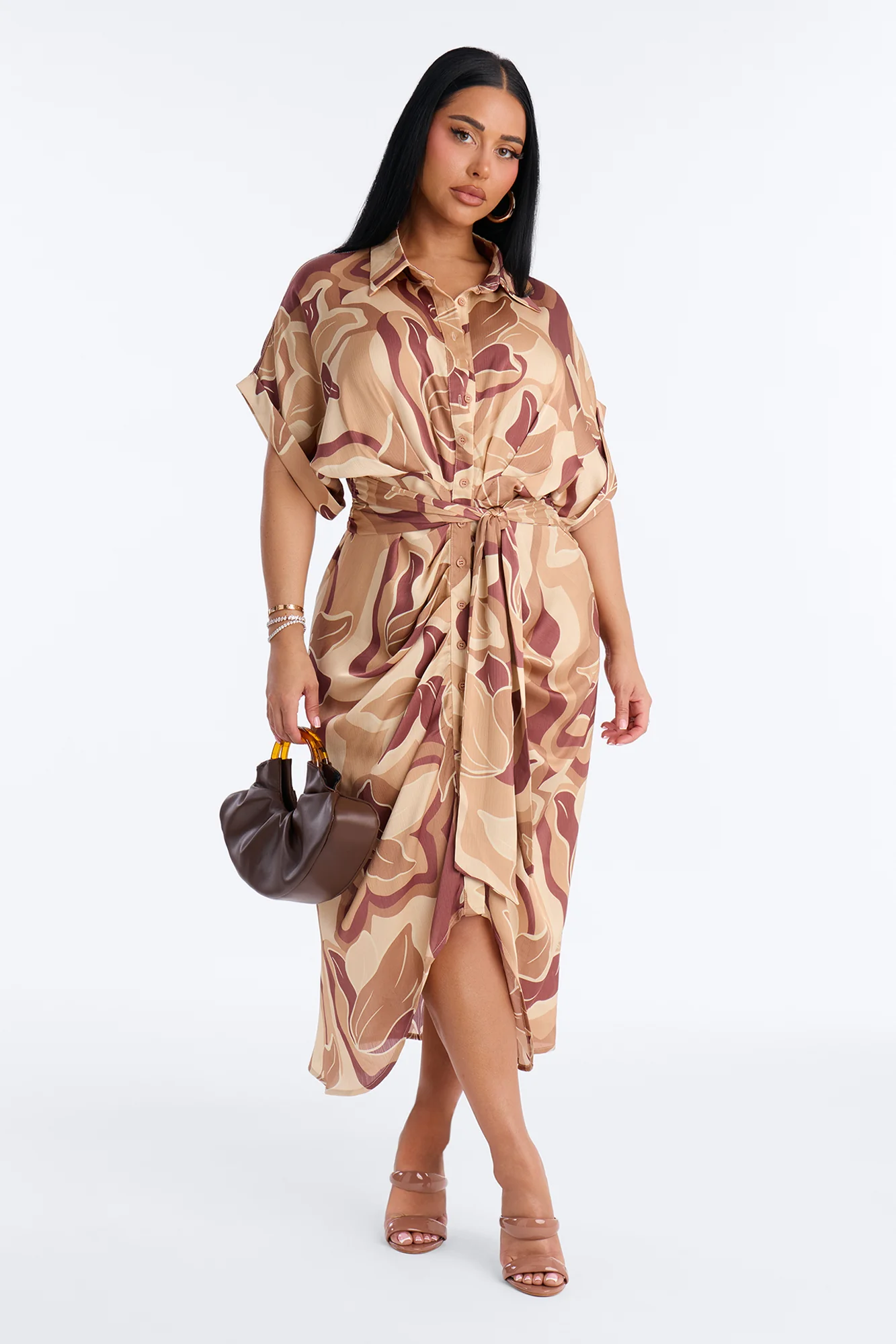 Melina Satin Shirt Midi Dress - Brown