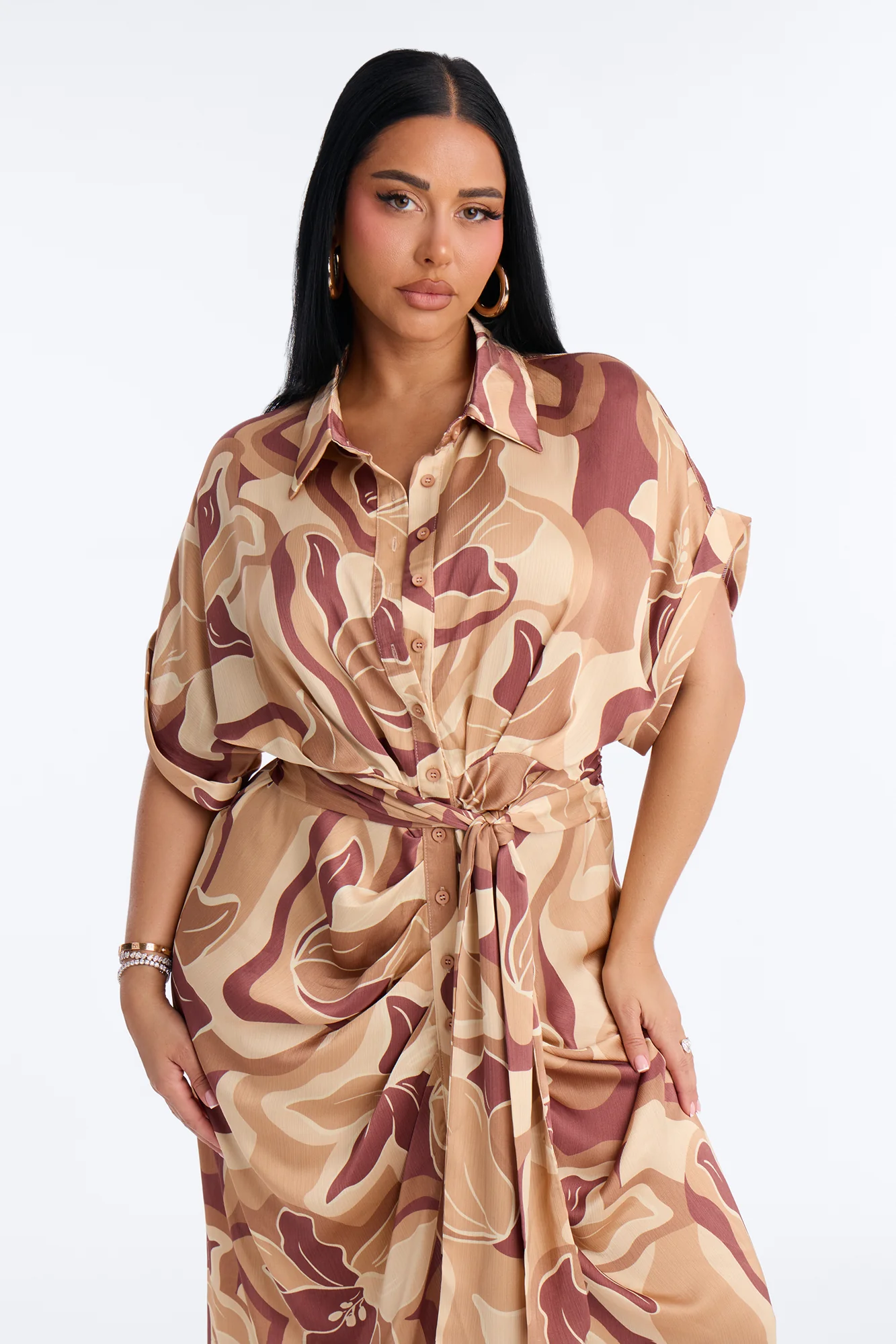 Melina Satin Shirt Midi Dress - Brown - Image 2