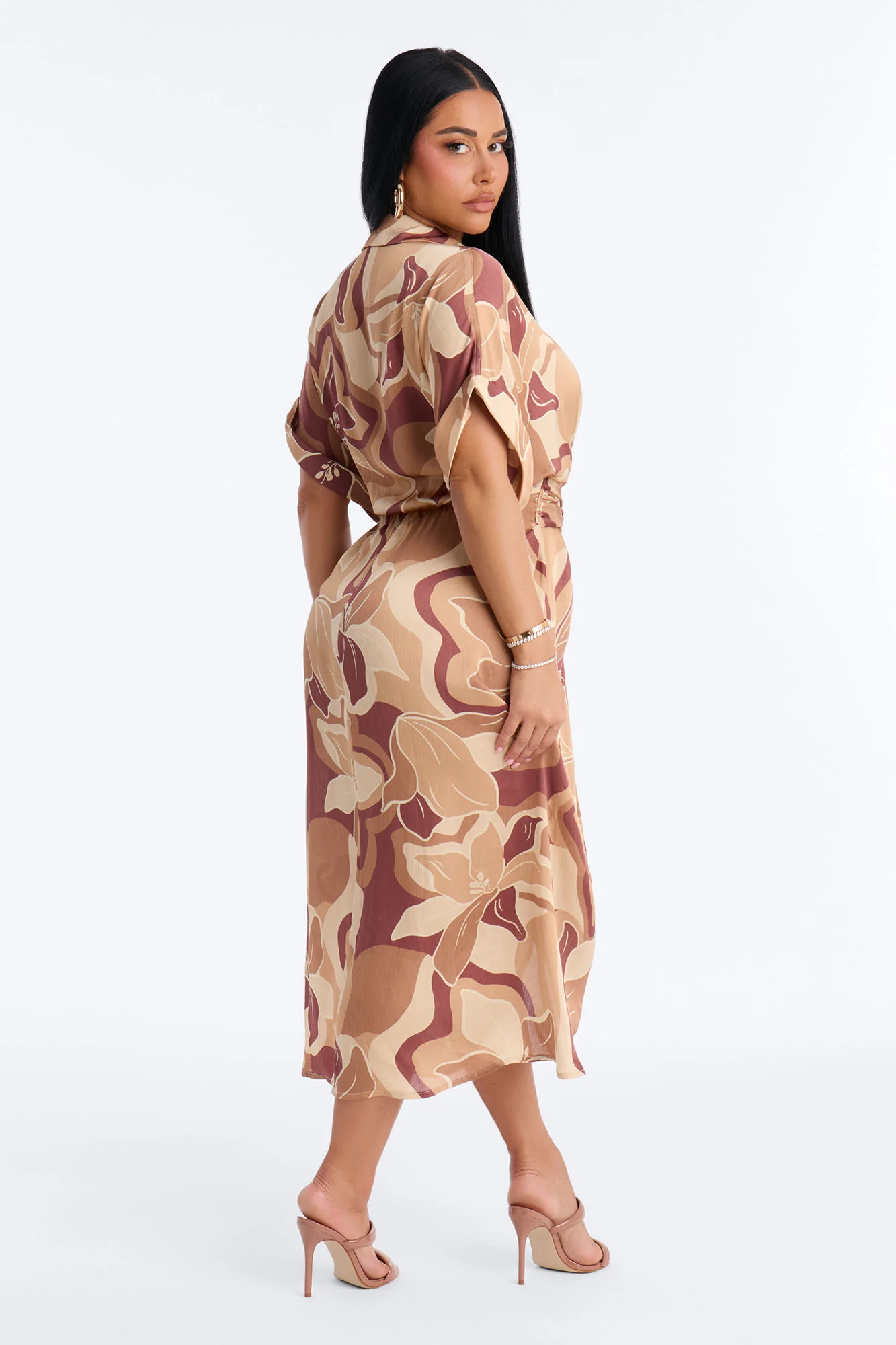Melina Satin Shirt Midi Dress - Brown - Image 3