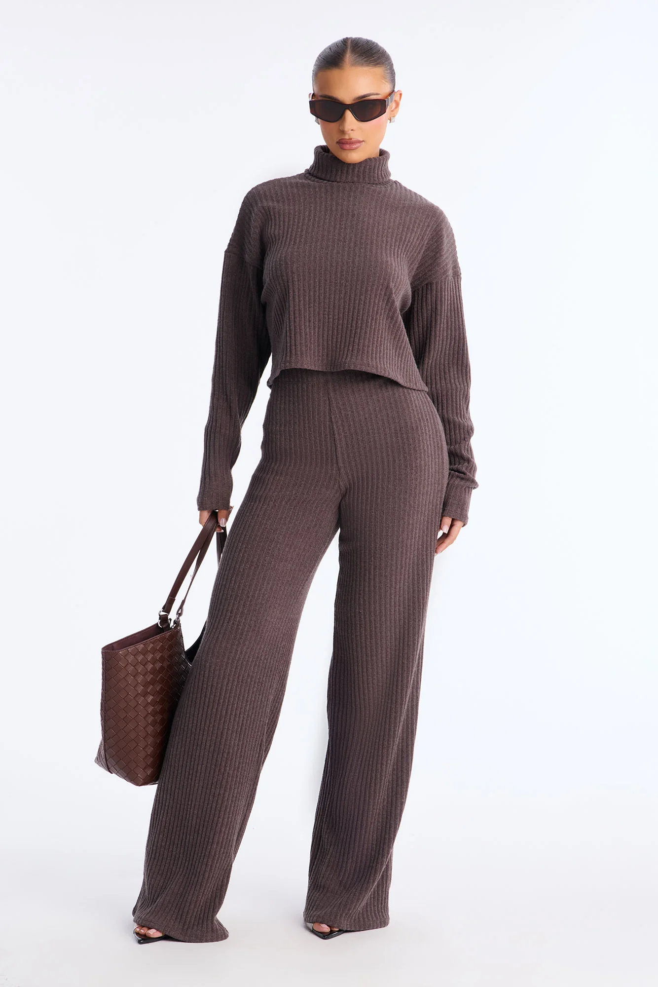 Melissa Ribbed Turtleneck Pant Set - Brown
