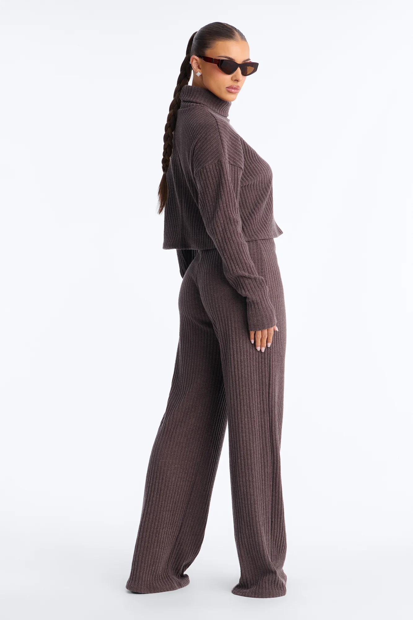 Melissa Ribbed Turtleneck Pant Set - Brown - Image 3