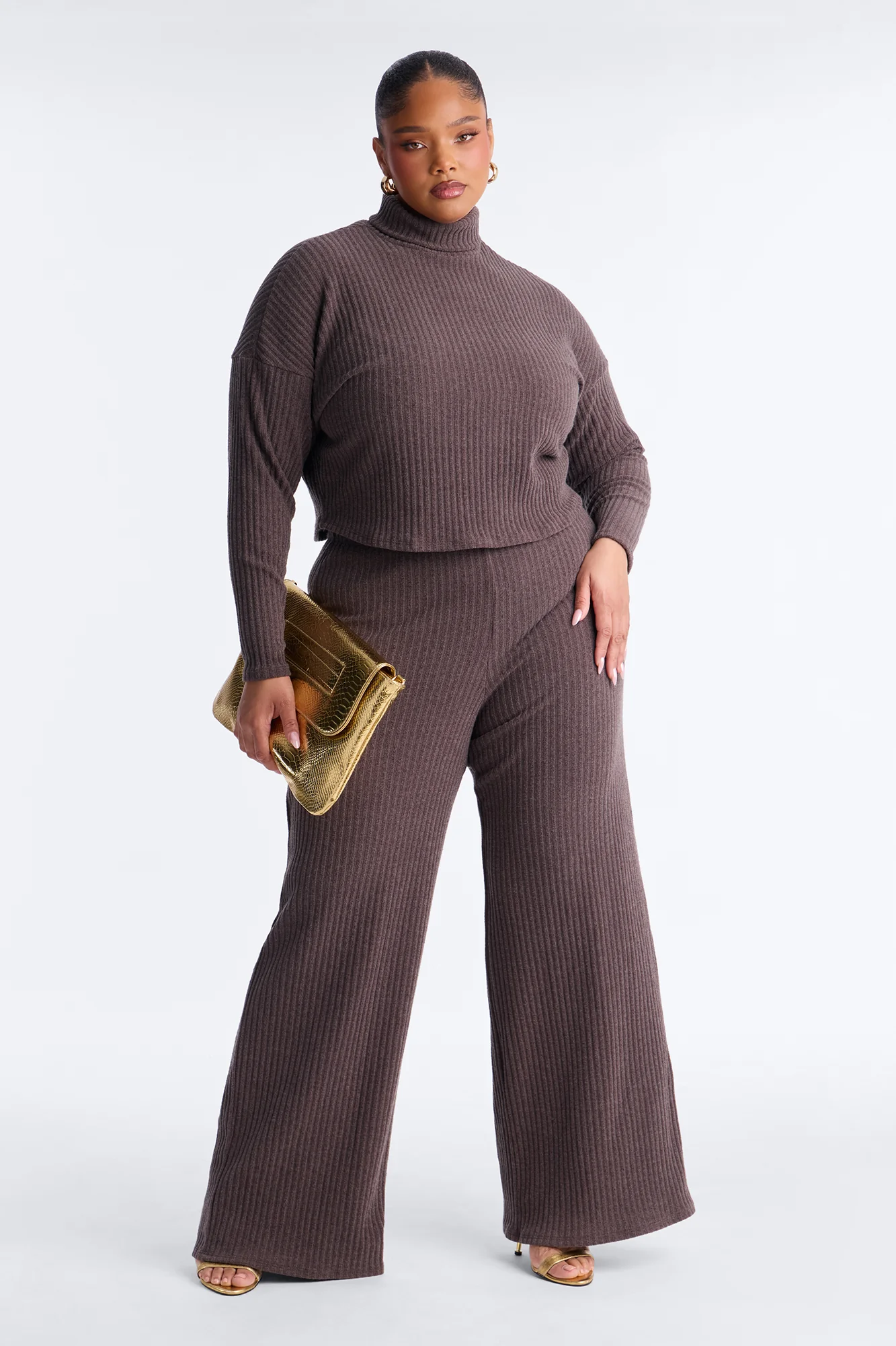 Melissa Ribbed Turtleneck Pant Set - Brown - Image 4