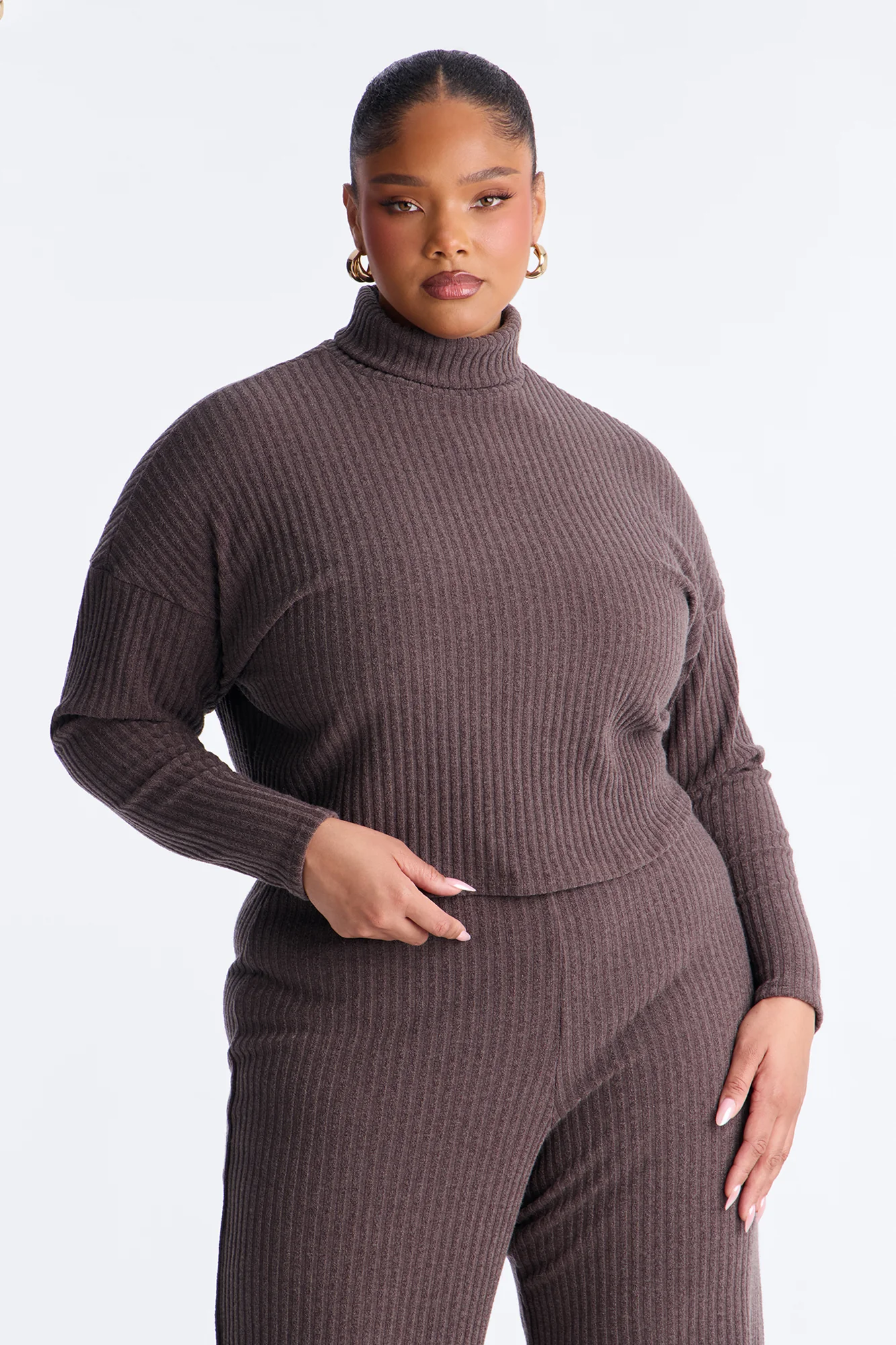 Melissa Ribbed Turtleneck Pant Set - Brown - Image 5