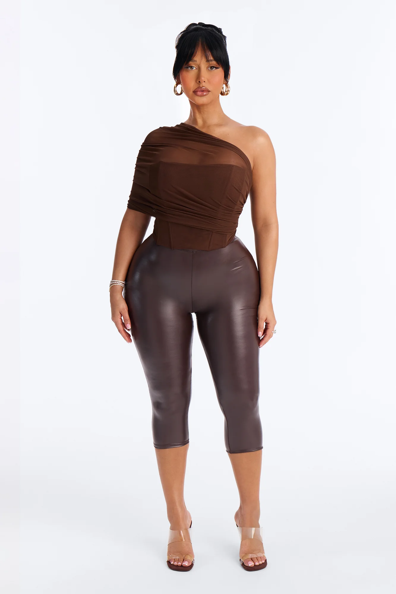 Melissa Ruched Mesh One Shoulder Double Layer Corset Top - Brown - Image 2