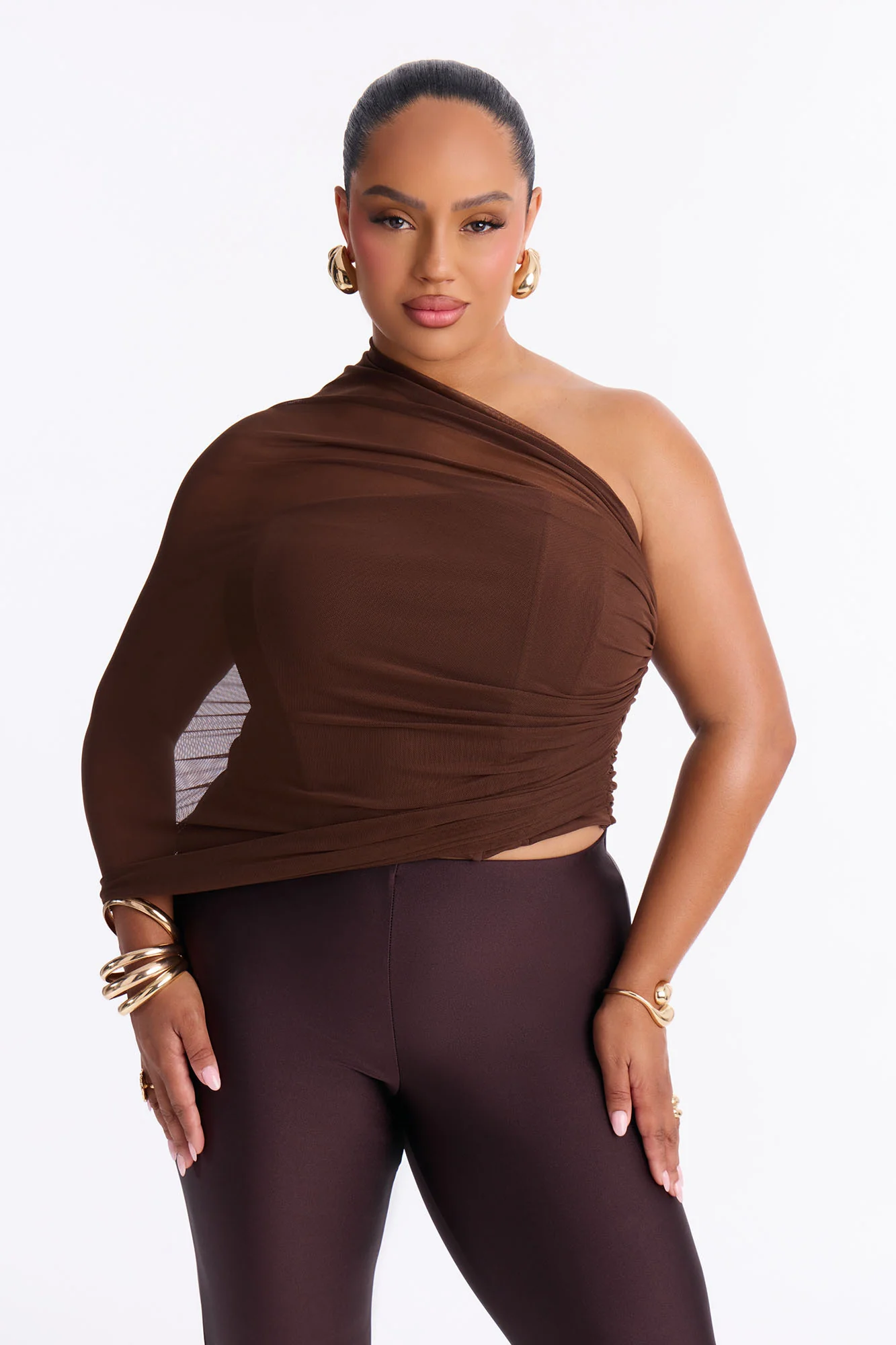 Melissa Ruched Mesh One Shoulder Double Layer Corset Top - Brown - Image 5