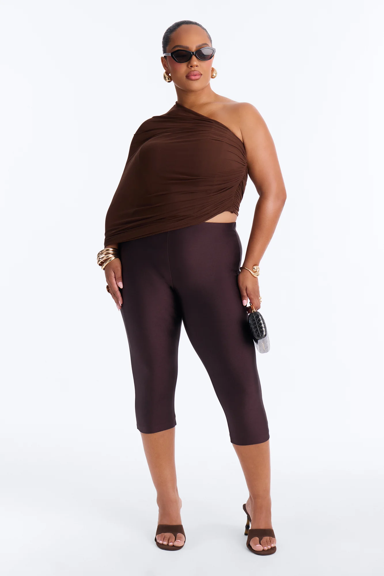 Melissa Ruched Mesh One Shoulder Double Layer Corset Top - Brown - Image 6