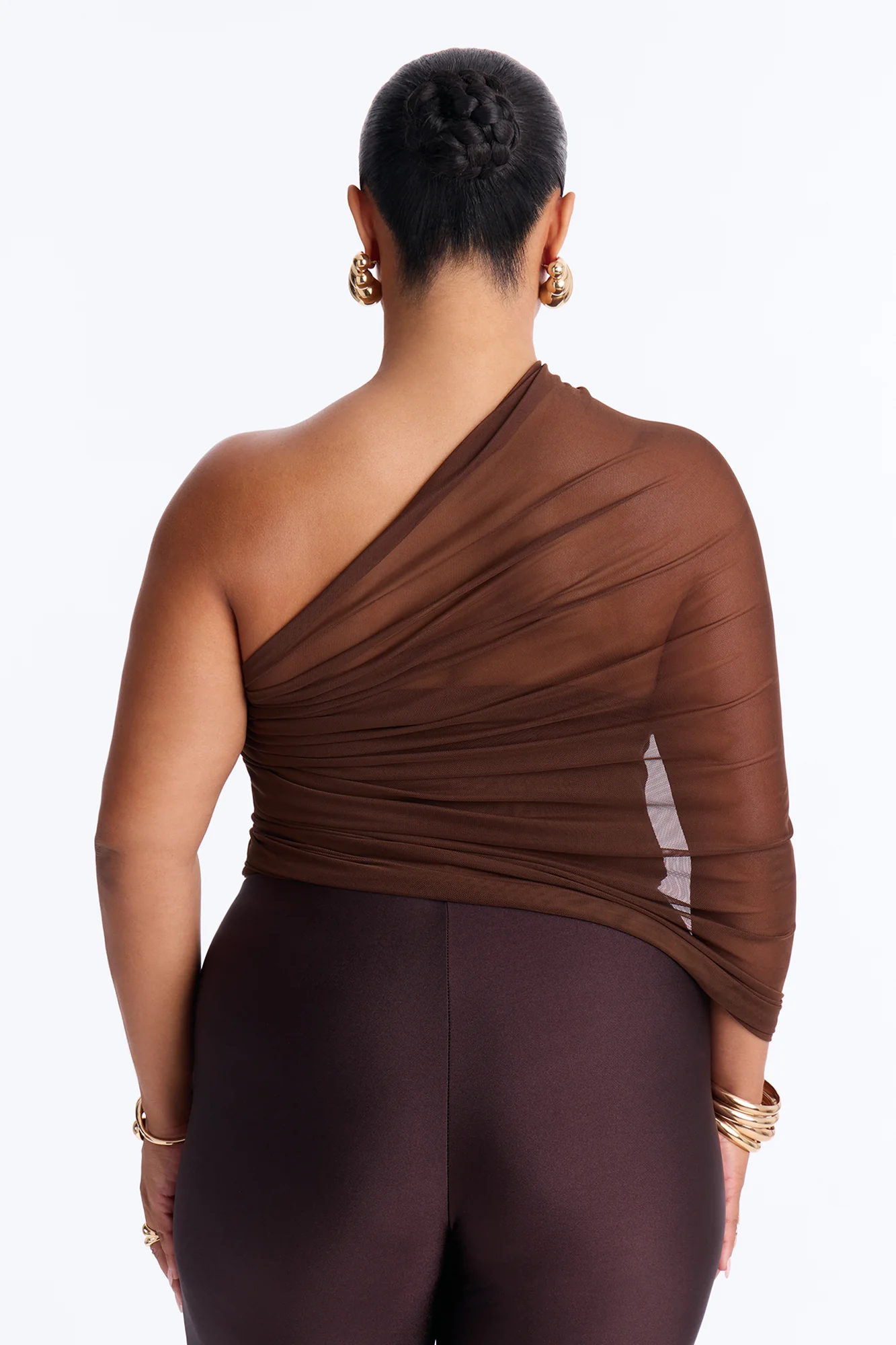 Melissa Ruched Mesh One Shoulder Double Layer Corset Top - Brown - Image 7