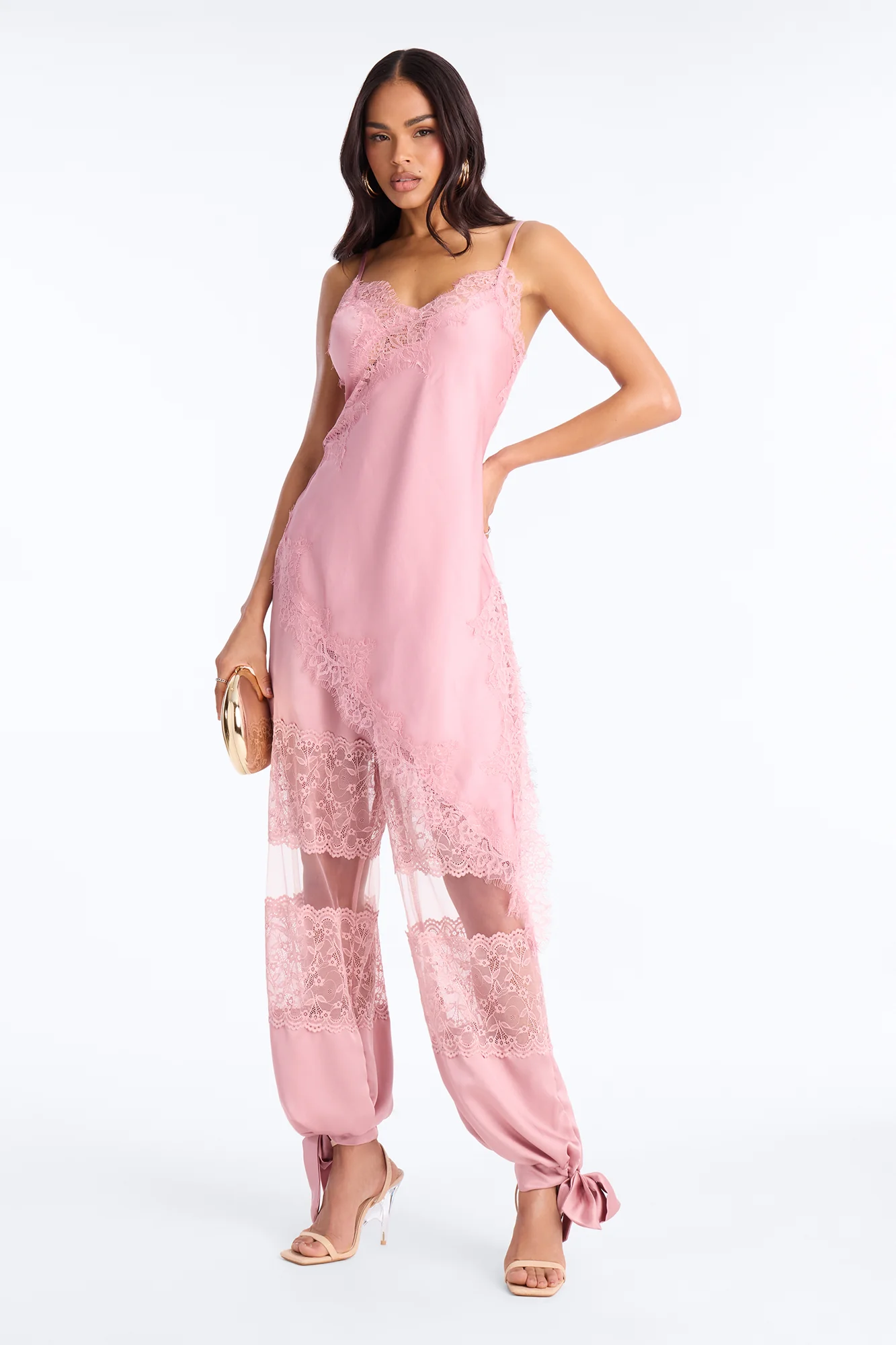 Melissa Satin Brunch Lace Trim Jogger Pant - Light Pink