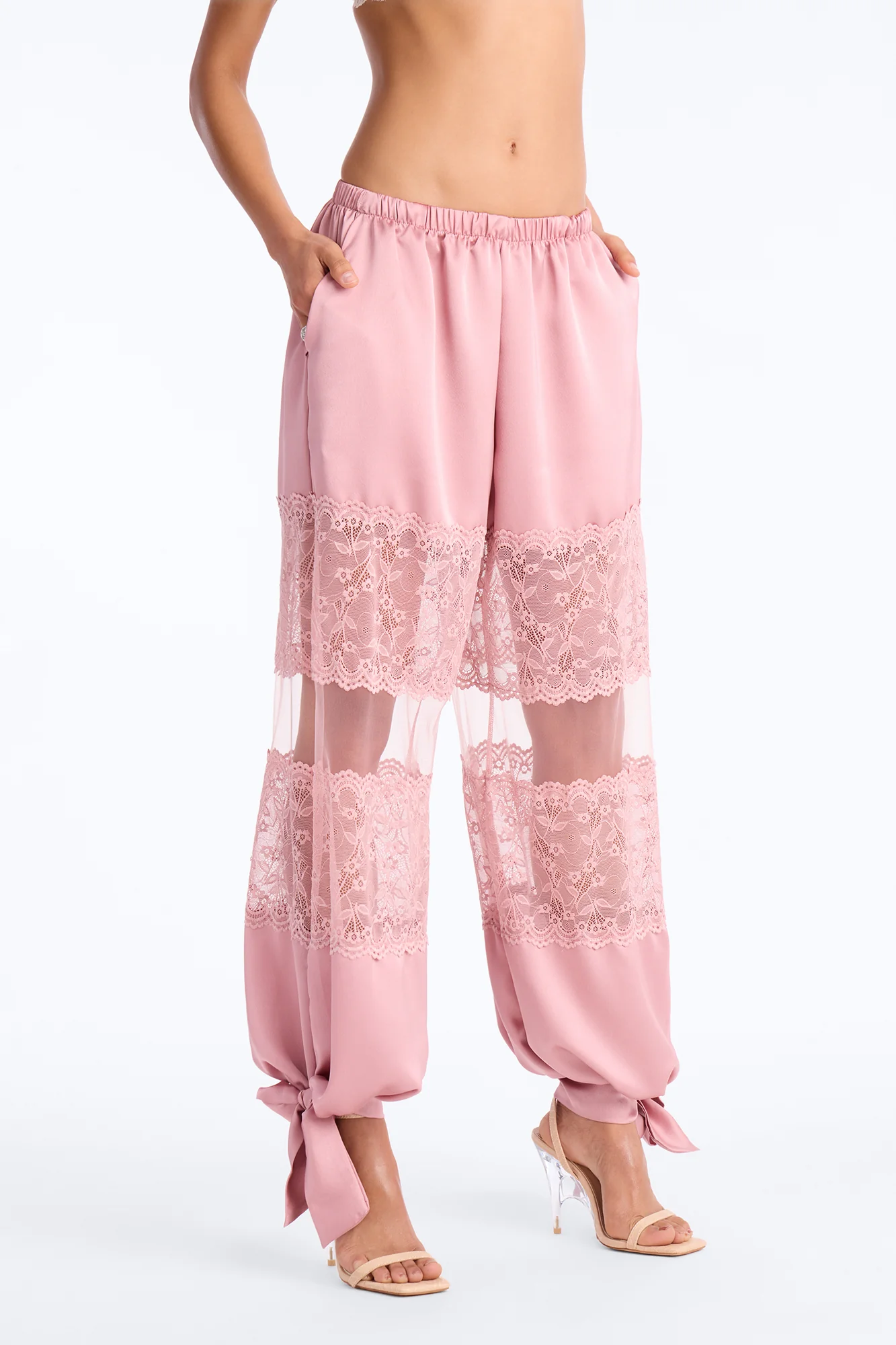 Melissa Satin Brunch Lace Trim Jogger Pant - Light Pink - Image 2