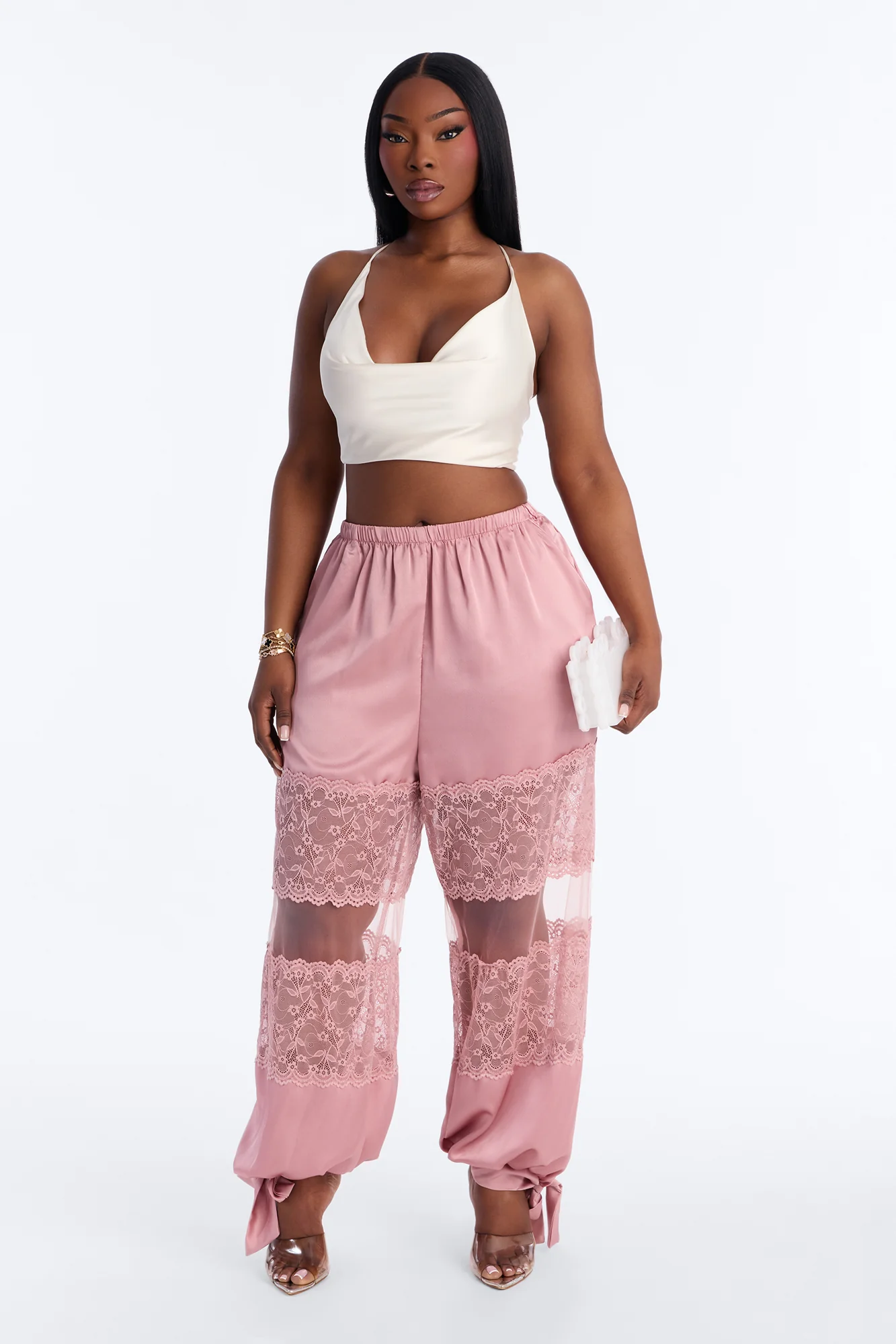 Melissa Satin Brunch Lace Trim Jogger Pant - Light Pink - Image 4