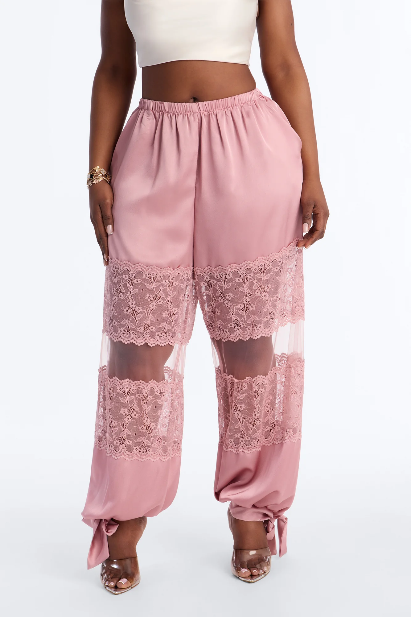 Melissa Satin Brunch Lace Trim Jogger Pant - Light Pink - Image 5