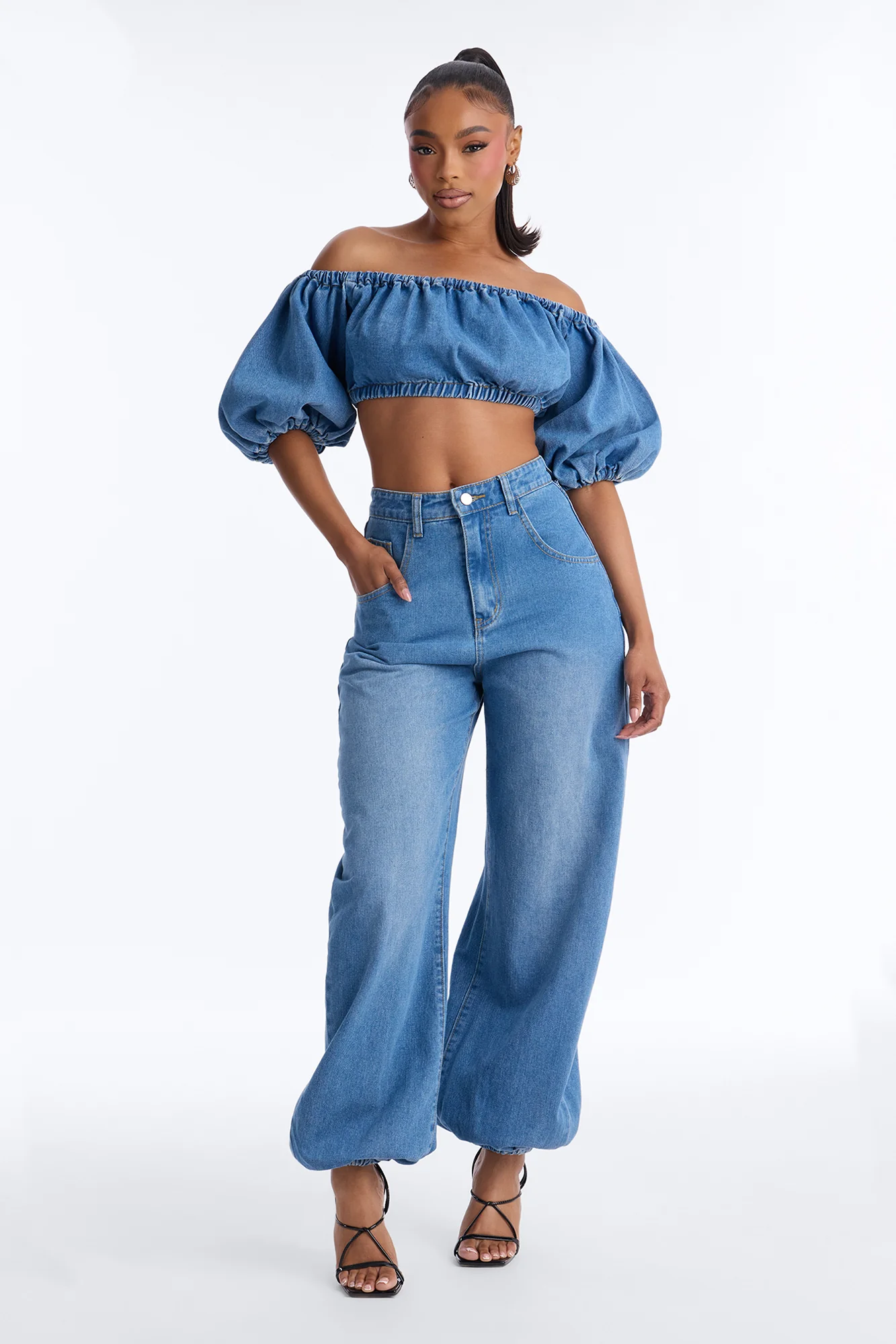 Melody Denim Jogger Pant Set - Medium Wash