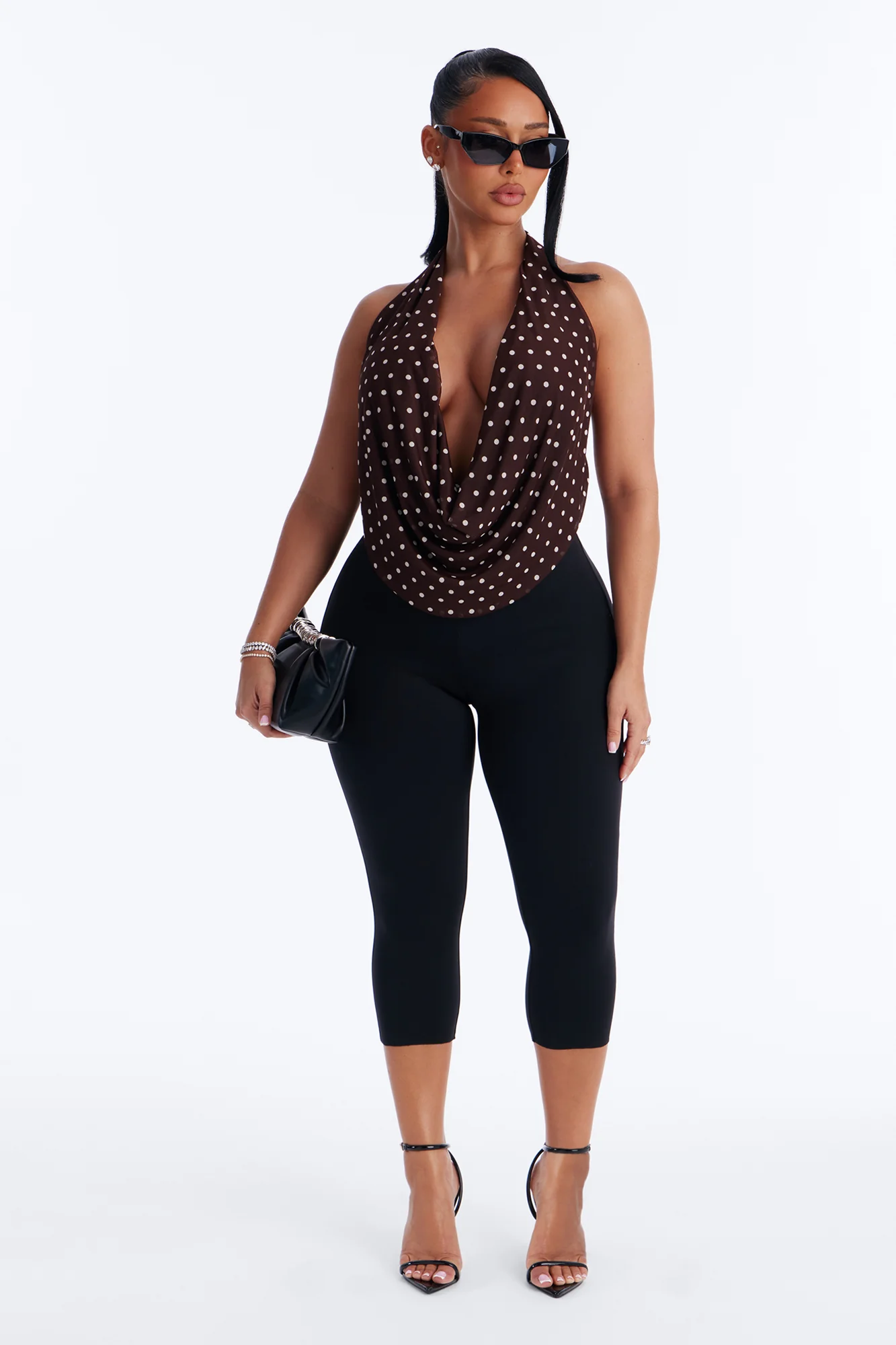 Melody Mesh Polka Dot Halter Top - Brown/combo
