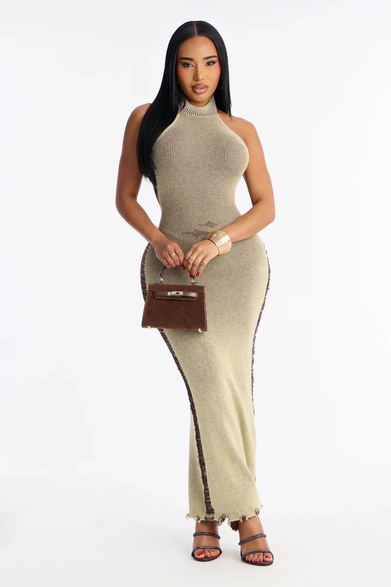 Melrose Distressed Sweater Maxi Dress - Olive/combo