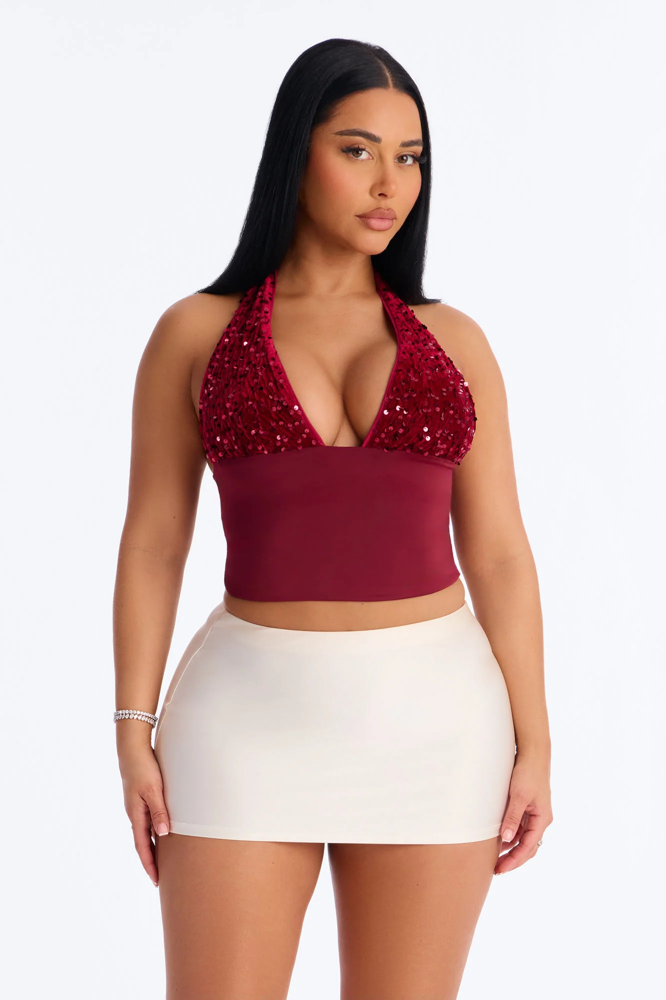 Merida Sequin Halter Top - Burgundy