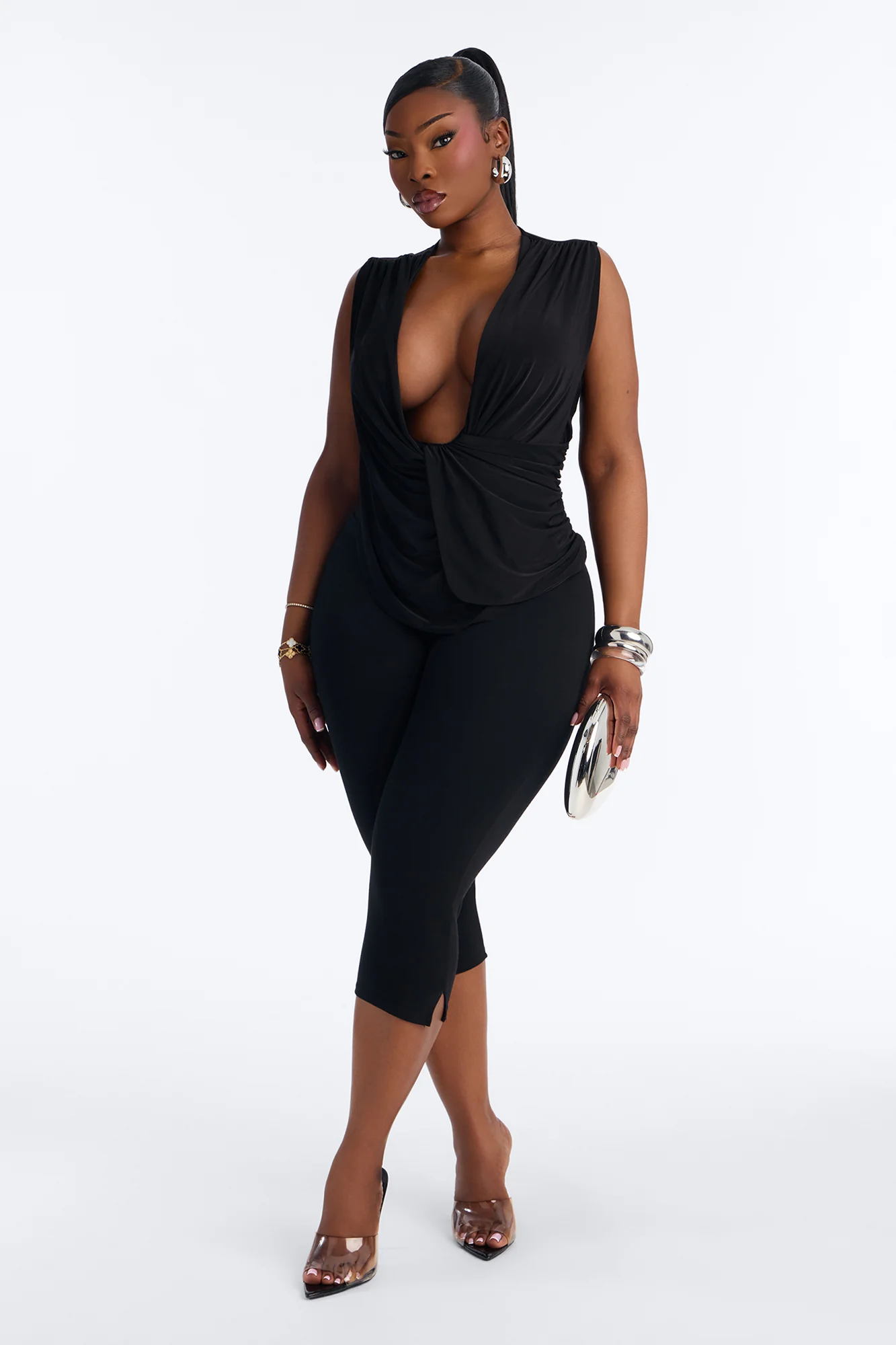 Mia Deep V-Neck Draped Sleeveless Top - Black - Image 5
