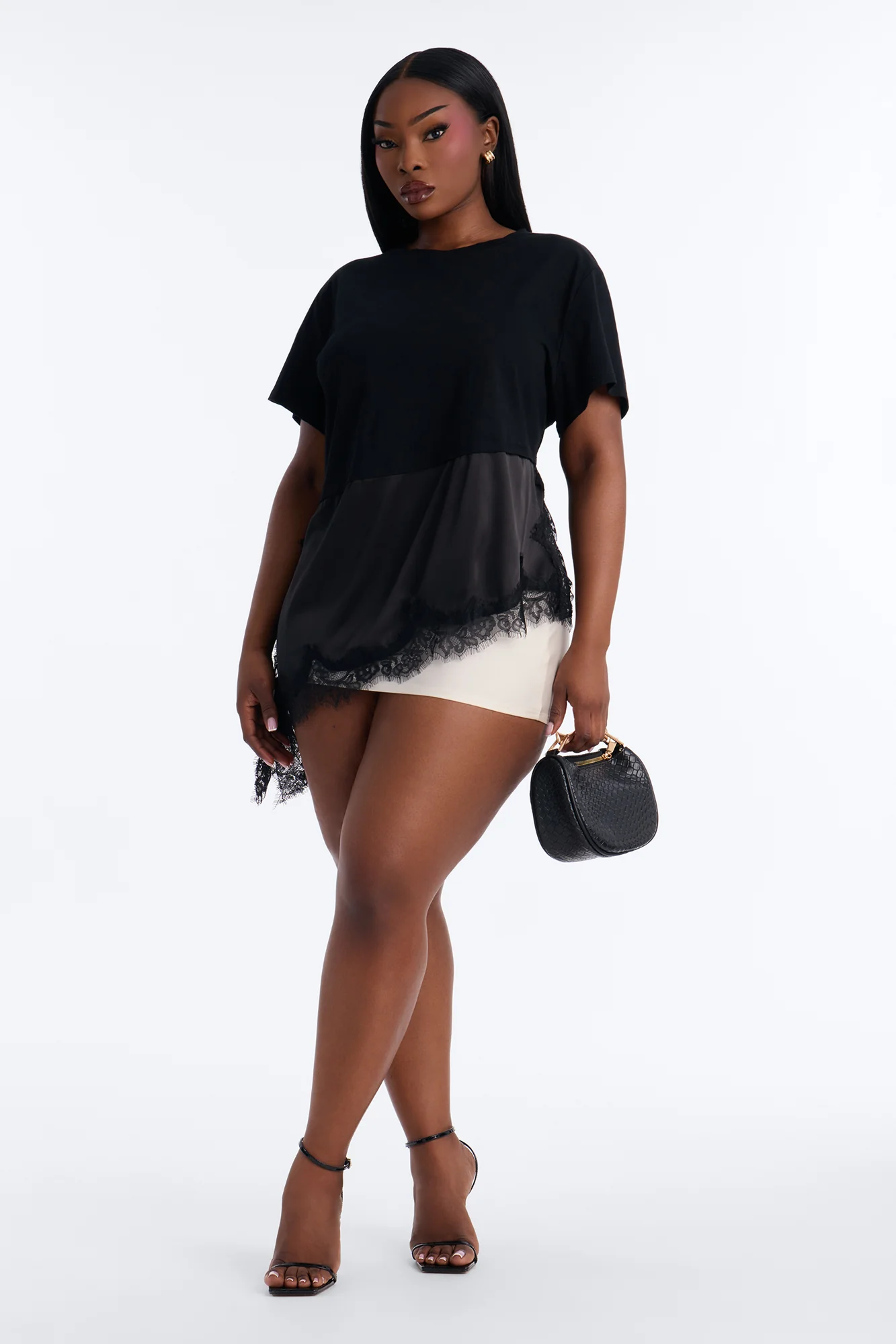 Mia Long Asymmetrical Lace Trim Short Sleeve T-Shirt - Black - Image 5