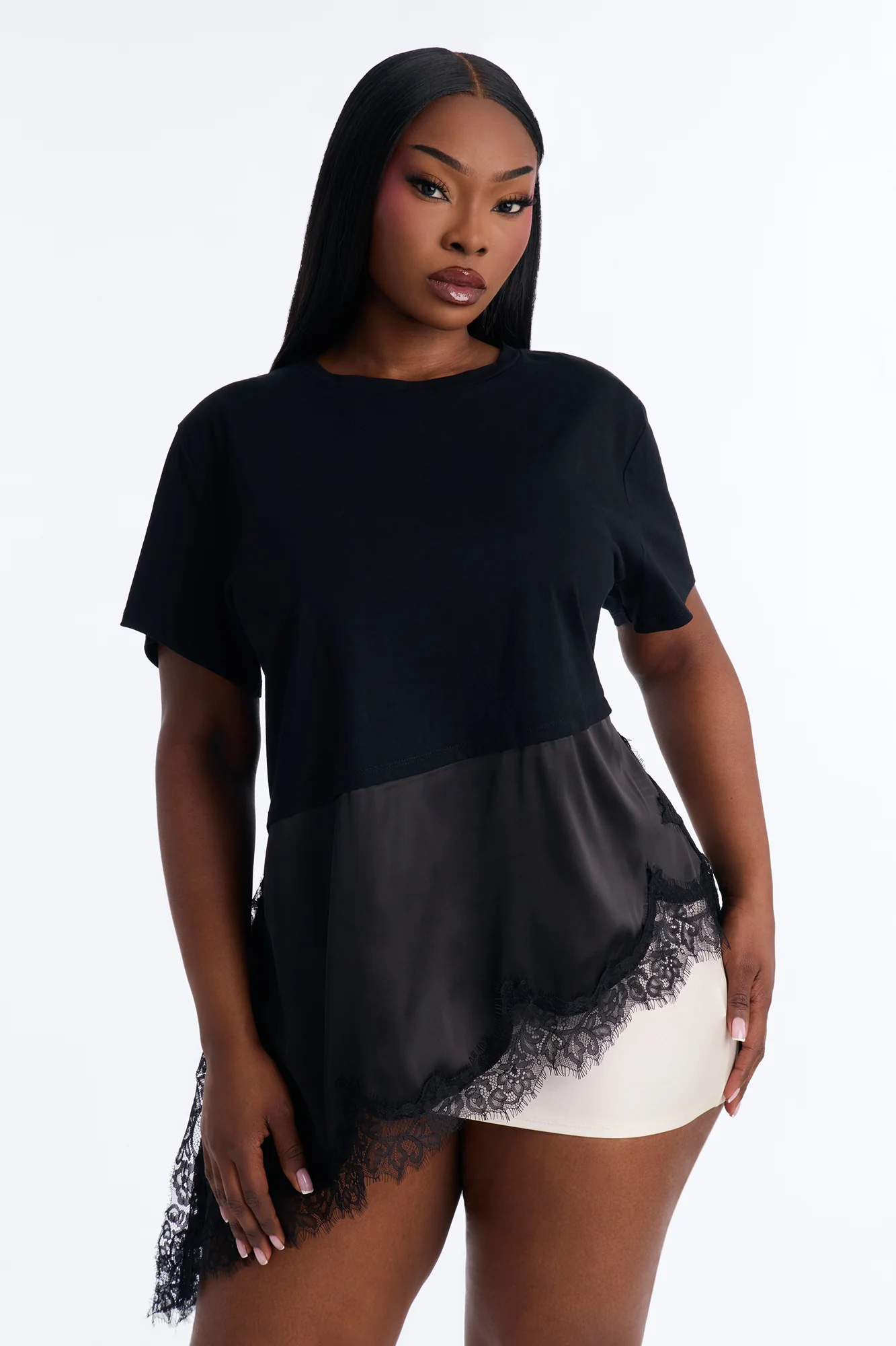 Mia Long Asymmetrical Lace Trim Short Sleeve T-Shirt - Black - Image 6
