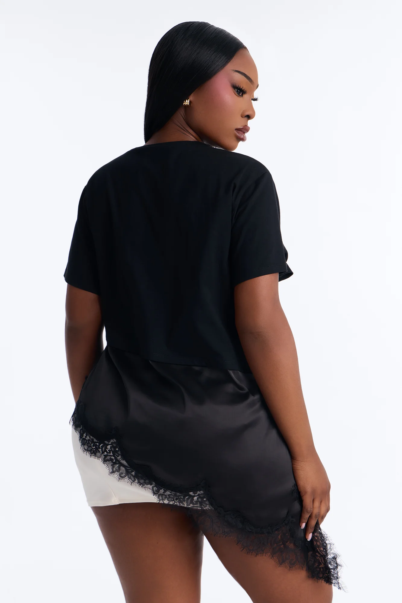 Mia Long Asymmetrical Lace Trim Short Sleeve T-Shirt - Black - Image 8