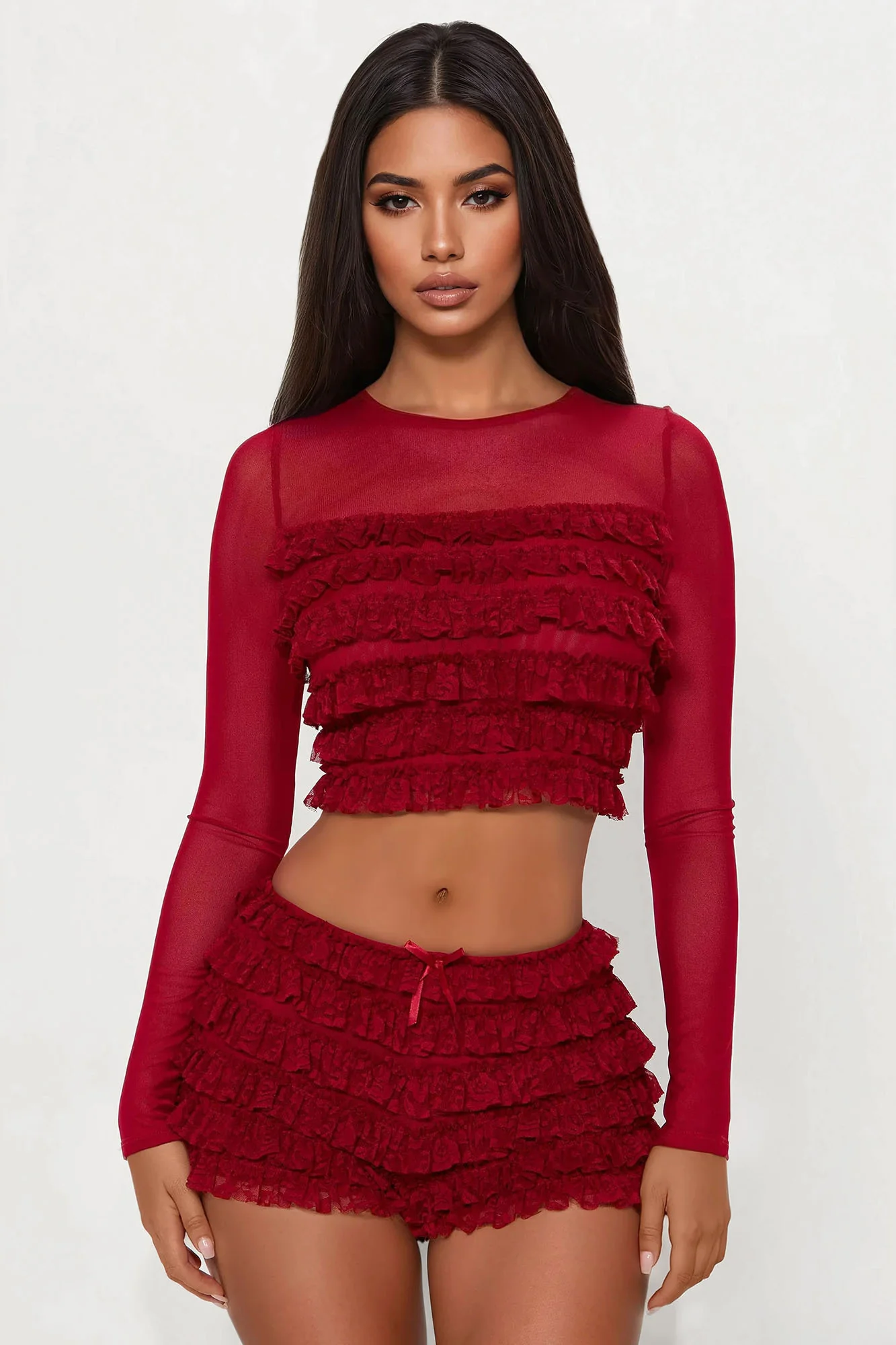 Mia Ruffle Mesh Short Set - Wine - Image 2