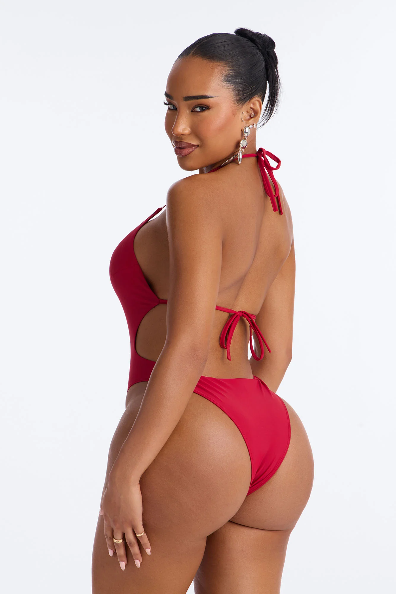 Miami Beat Studded 1 Piece Halter Cut Out Swimsuit - DarkRed - Image 3