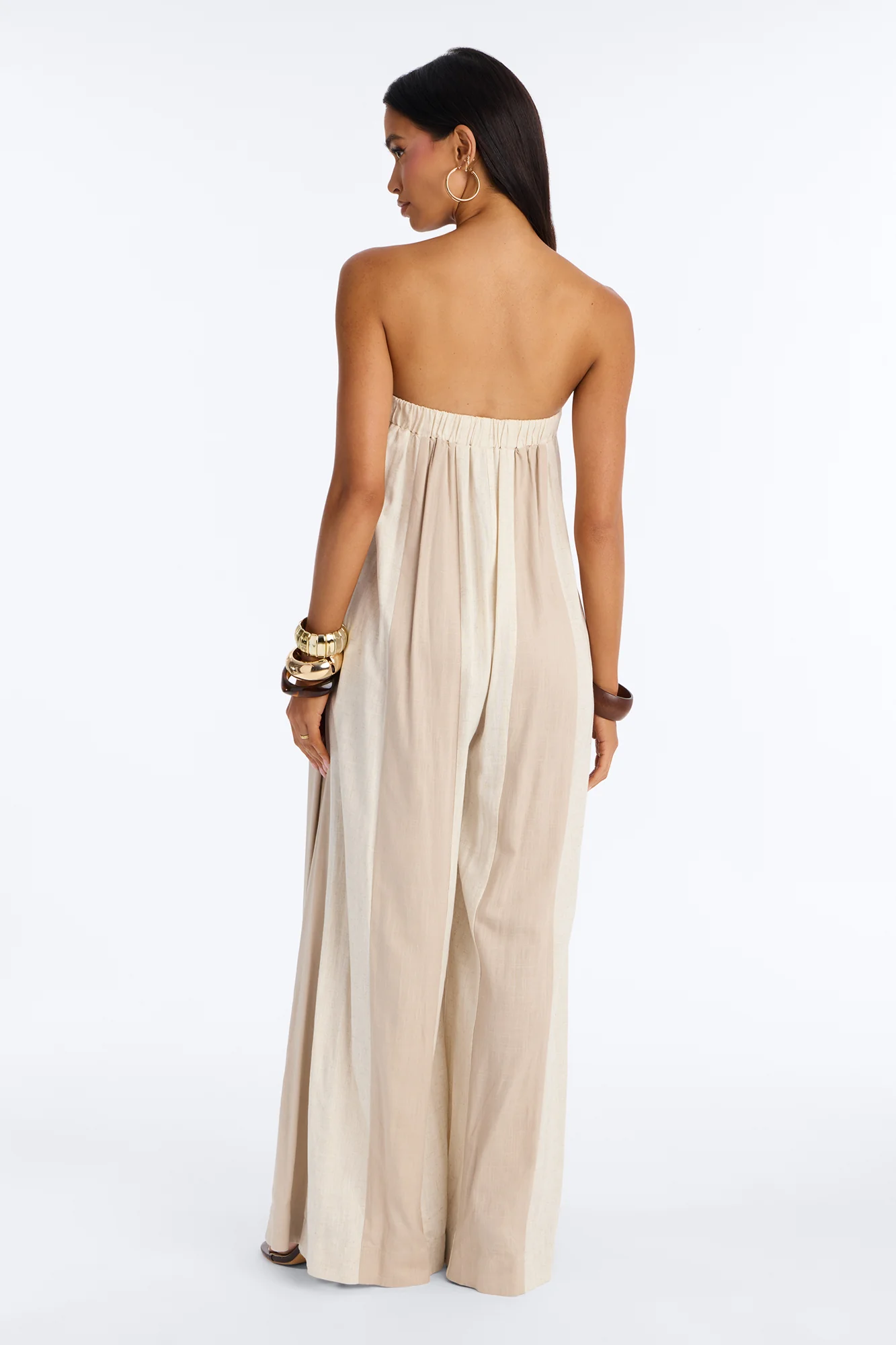 Michelle Striped Strapless Linen Jumpsuit - Taupe - Image 4