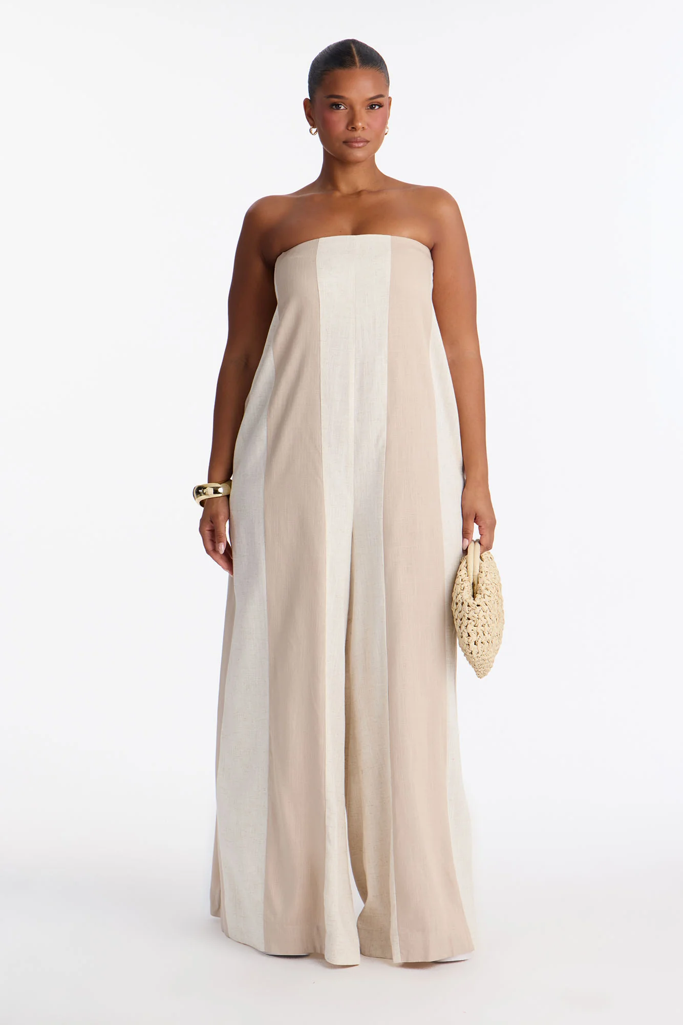 Michelle Striped Strapless Linen Jumpsuit - Taupe - Image 5