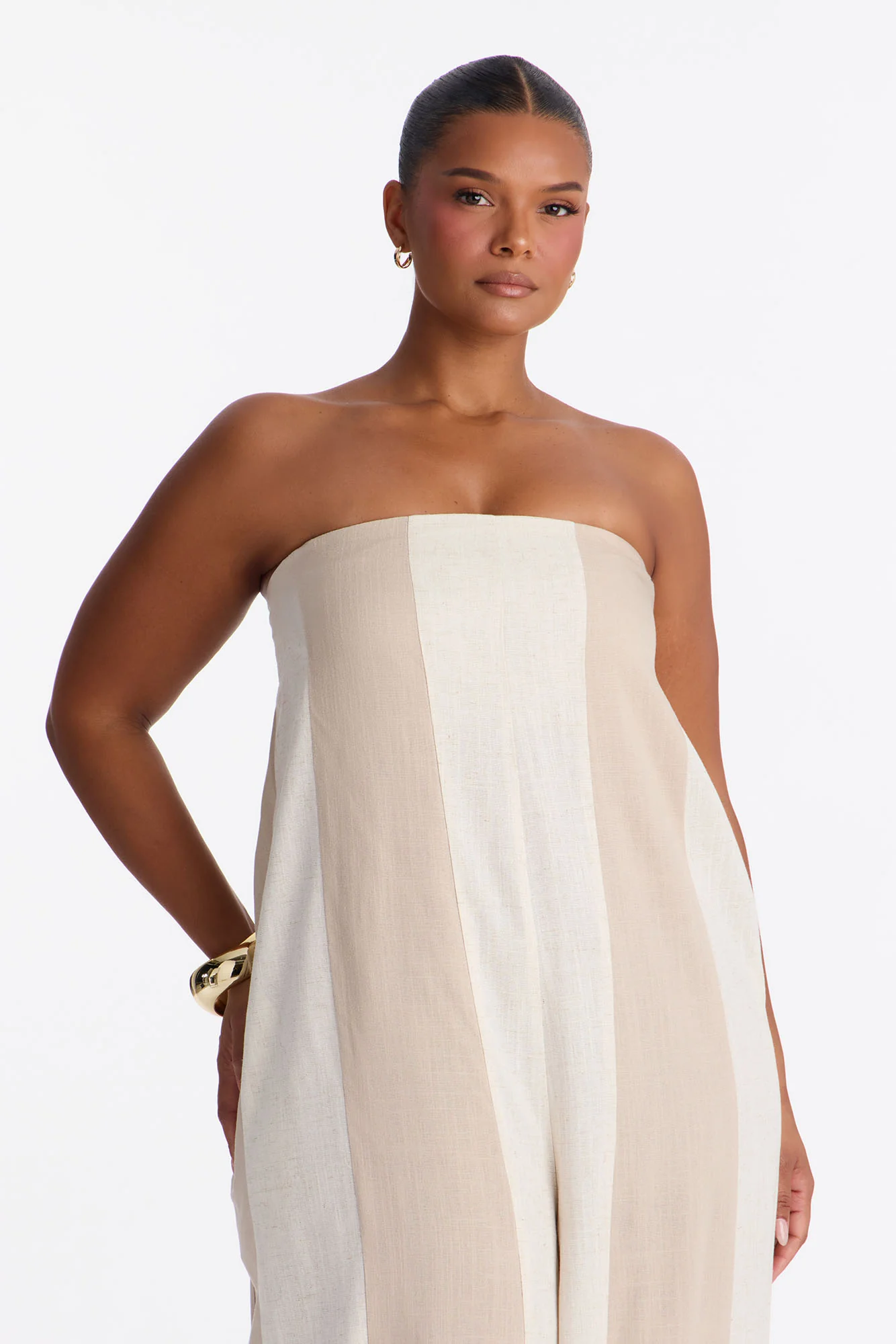 Michelle Striped Strapless Linen Jumpsuit - Taupe - Image 6